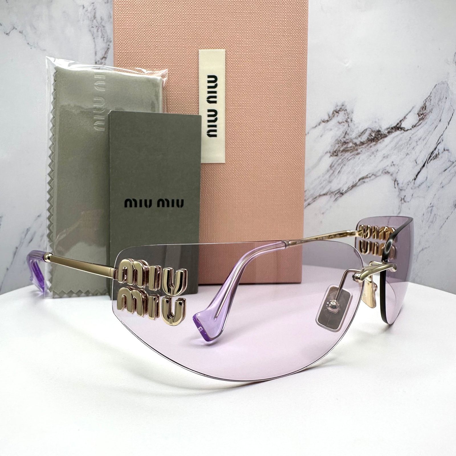 New MIU MIU Sunglasses Gold Pink Wrap AUTHENTIC Runway 2025