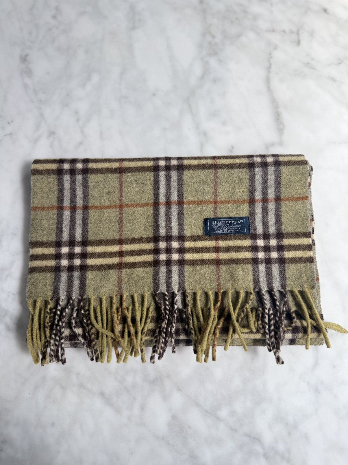Burberry Pre 1999 Burberrys Vintage 100% Cashmere Scarf Olive Green Size ONE SIZE - 1 Thumbnail