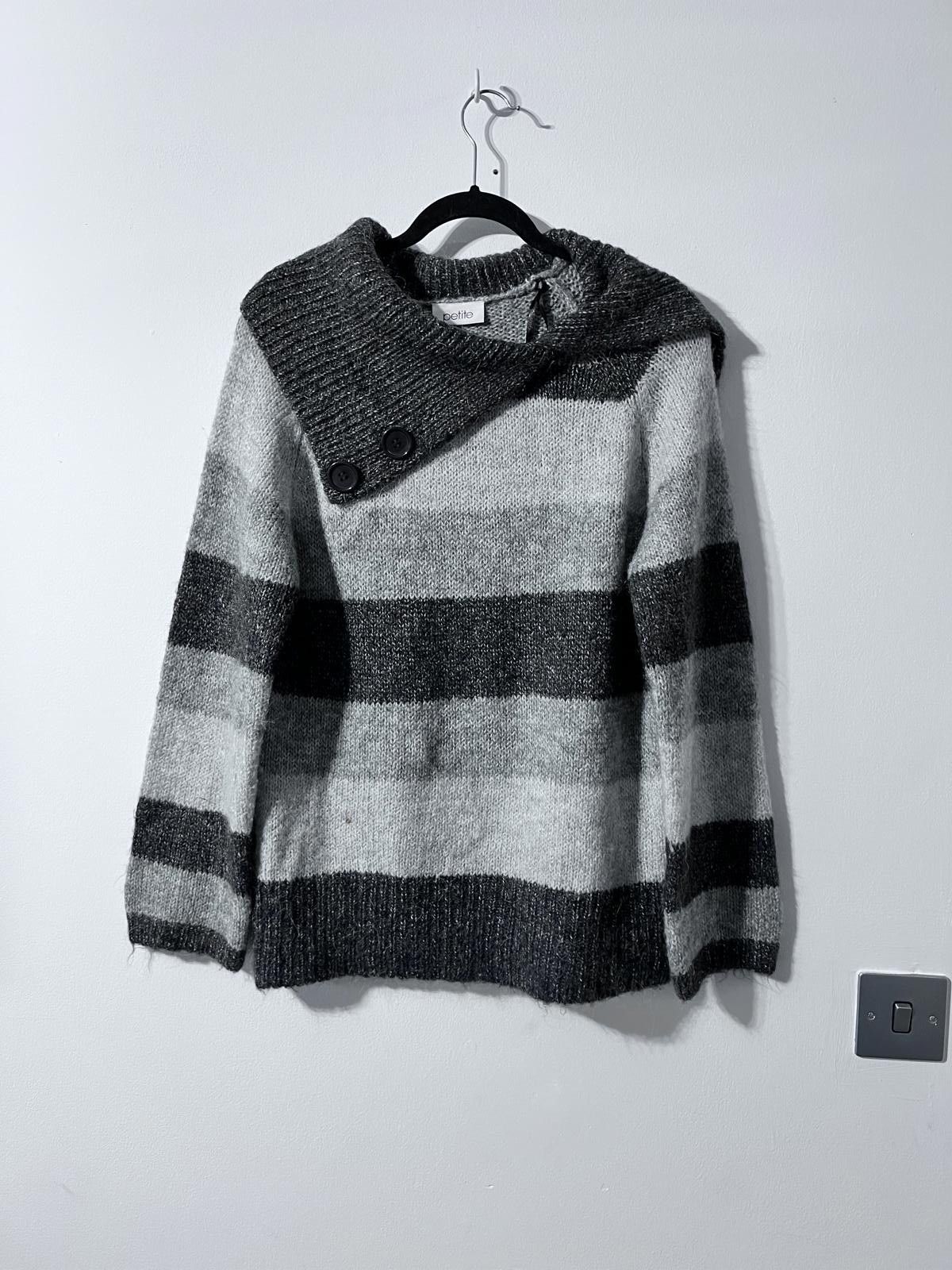 Other BHS Petite Grey & Black Striped Button-Neck Jumper – Size 12 Size M / US 6-8 / IT 42-44 - 2 Thumbnail
