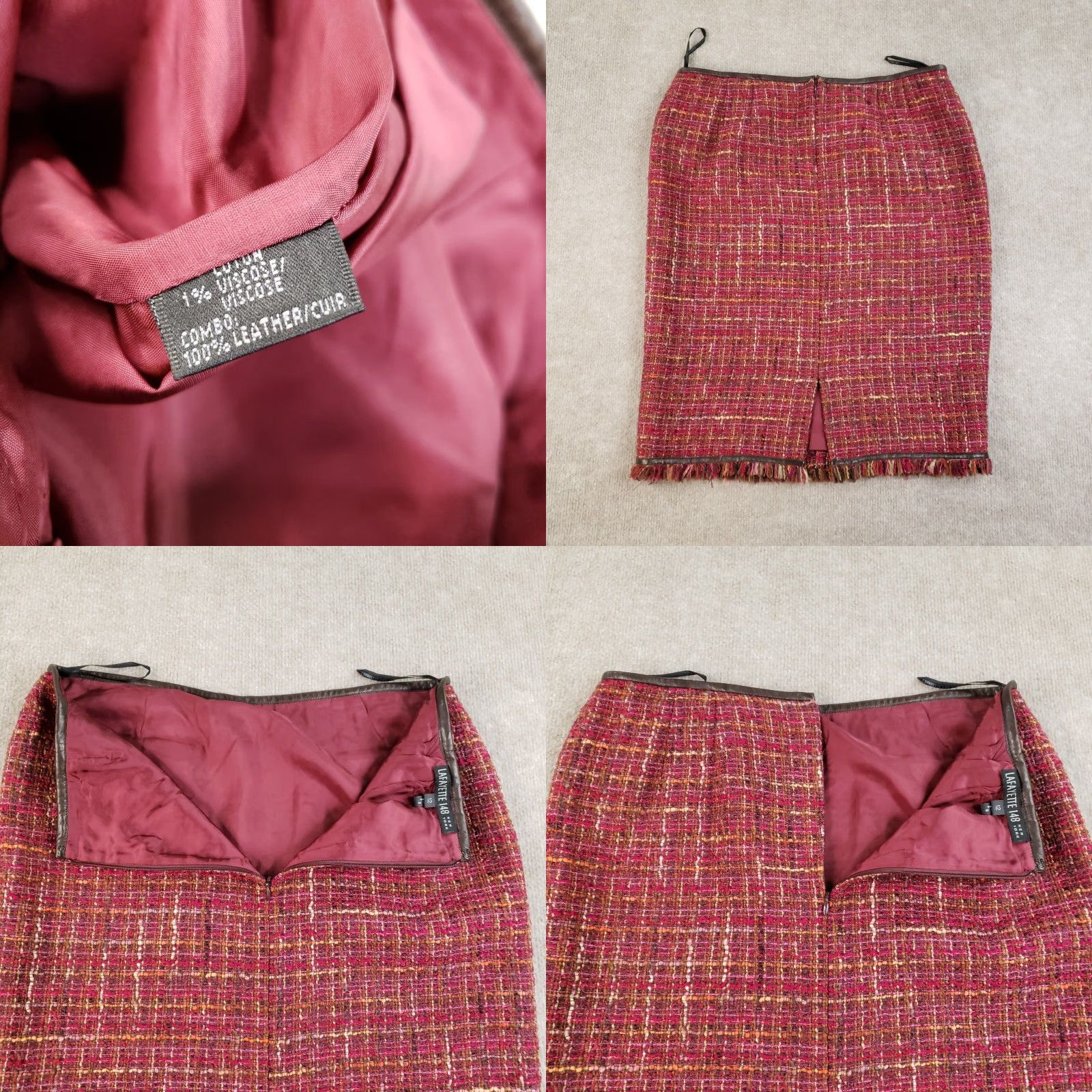 Vintage Lafayette 148 NY Pencil Skirt Women Size 12 Red Boucle Tweed Fringe Lined Knee Length Classic Women Size 34" / US 12 / IT 48 - 8 Thumbnail