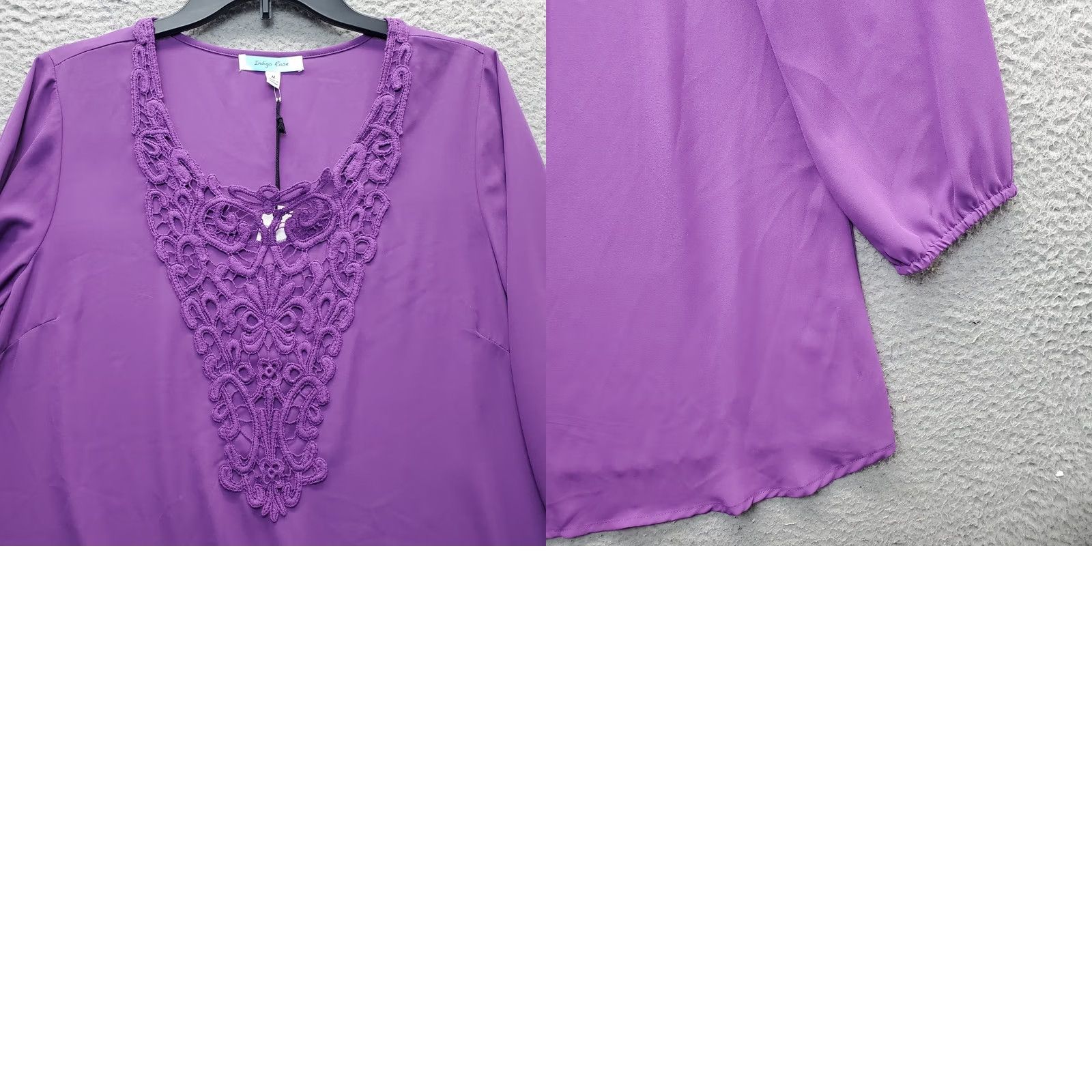 Vintage Indigo Rose Tunic Top Womens Size M Purple Balloon Sleeve Crochet Lace Scoop Neck Shirt Size M / US 6-8 / IT 42-44 - 8 Thumbnail