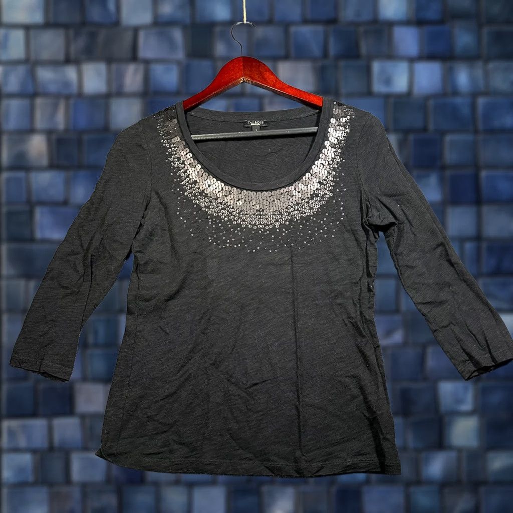 Talbots Talbots Womens Small Black Cotton Knit 3/4 Sleeve Sequin Neck Pullover Tee Size S / US 4 / IT 40 - 1 Thumbnail