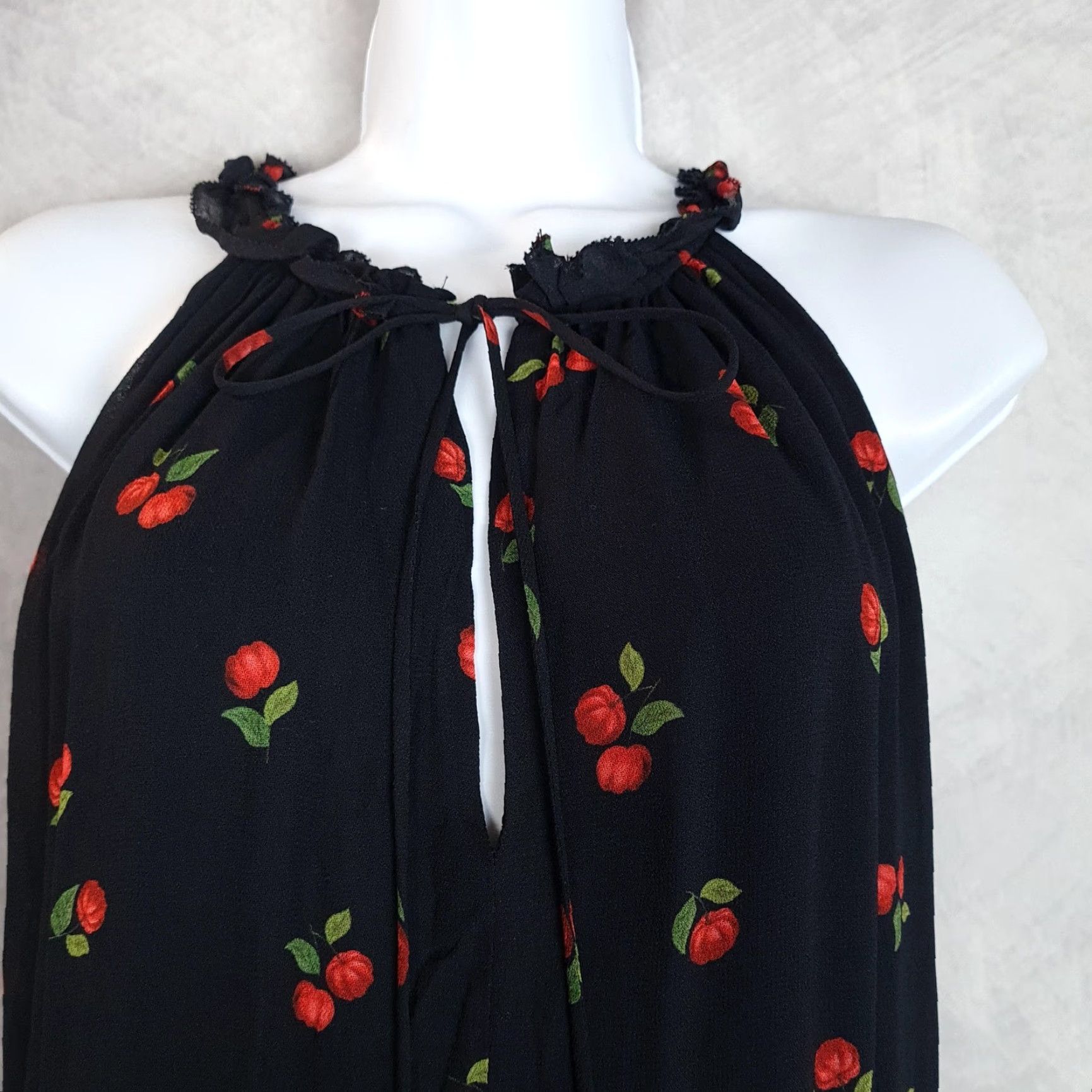 Farm Rio VINTAGE Farm Rio Dress Womens XS / S Black Cherry Print Tiered Ruffle Halter Mini Lined Size S / US 4 / IT 40 - 2 Thumbnail