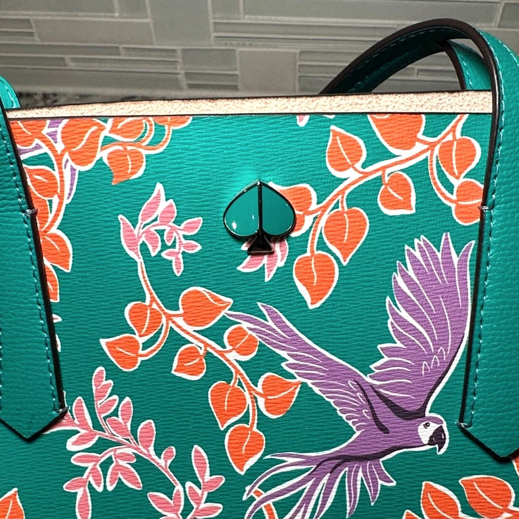 Vintage VINTAGE Kate Spade New York Molly Bird Party Large Tote w/ Matching Wallet Green Teal Orange Purple Pink Leather Tote Women Size ONE SIZE - 5 Thumbnail