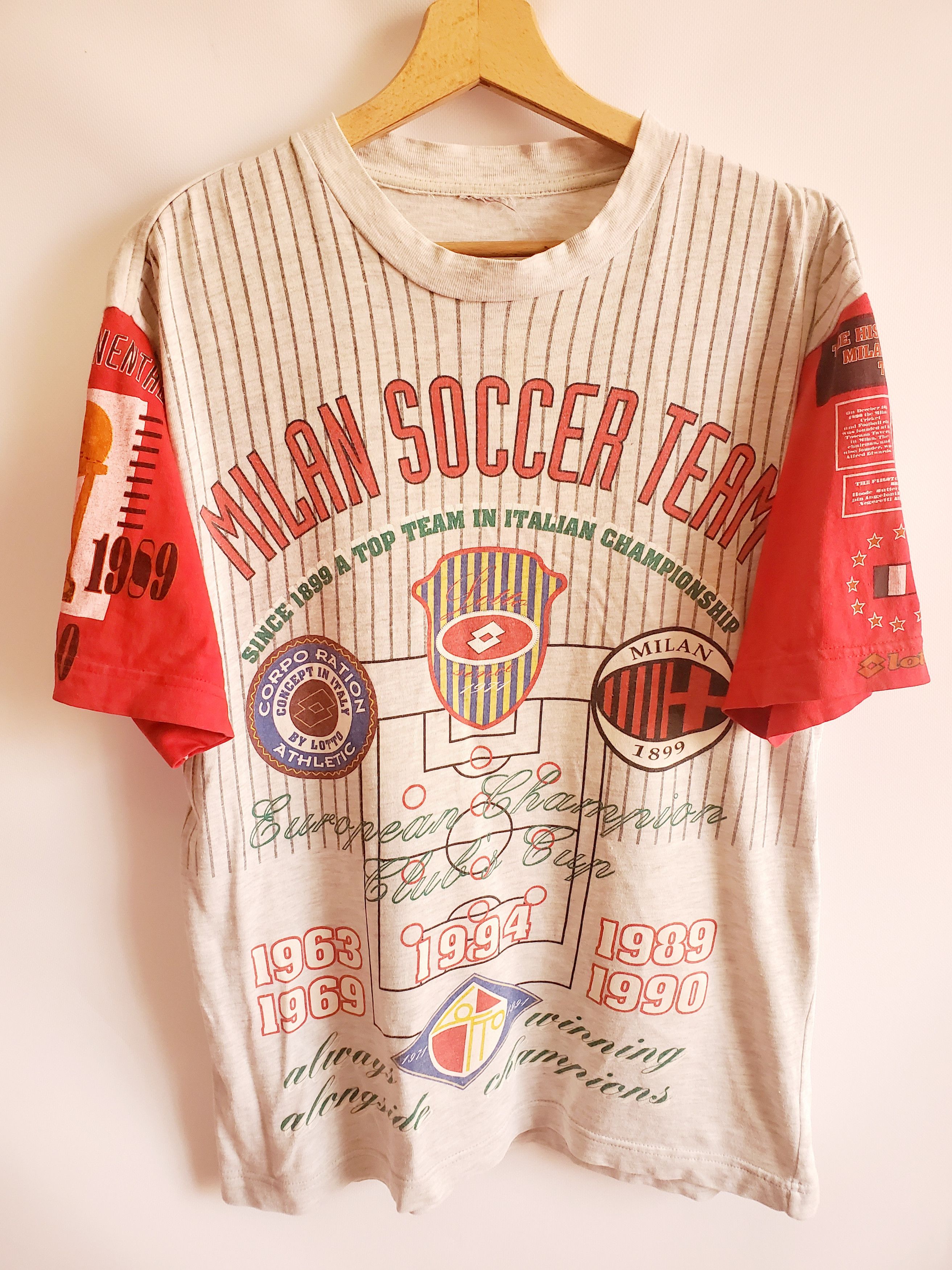 image of Soccer Jersey x Vintage 90 Milan Soccer Team European Champion Shirt, Men's (Size Large)