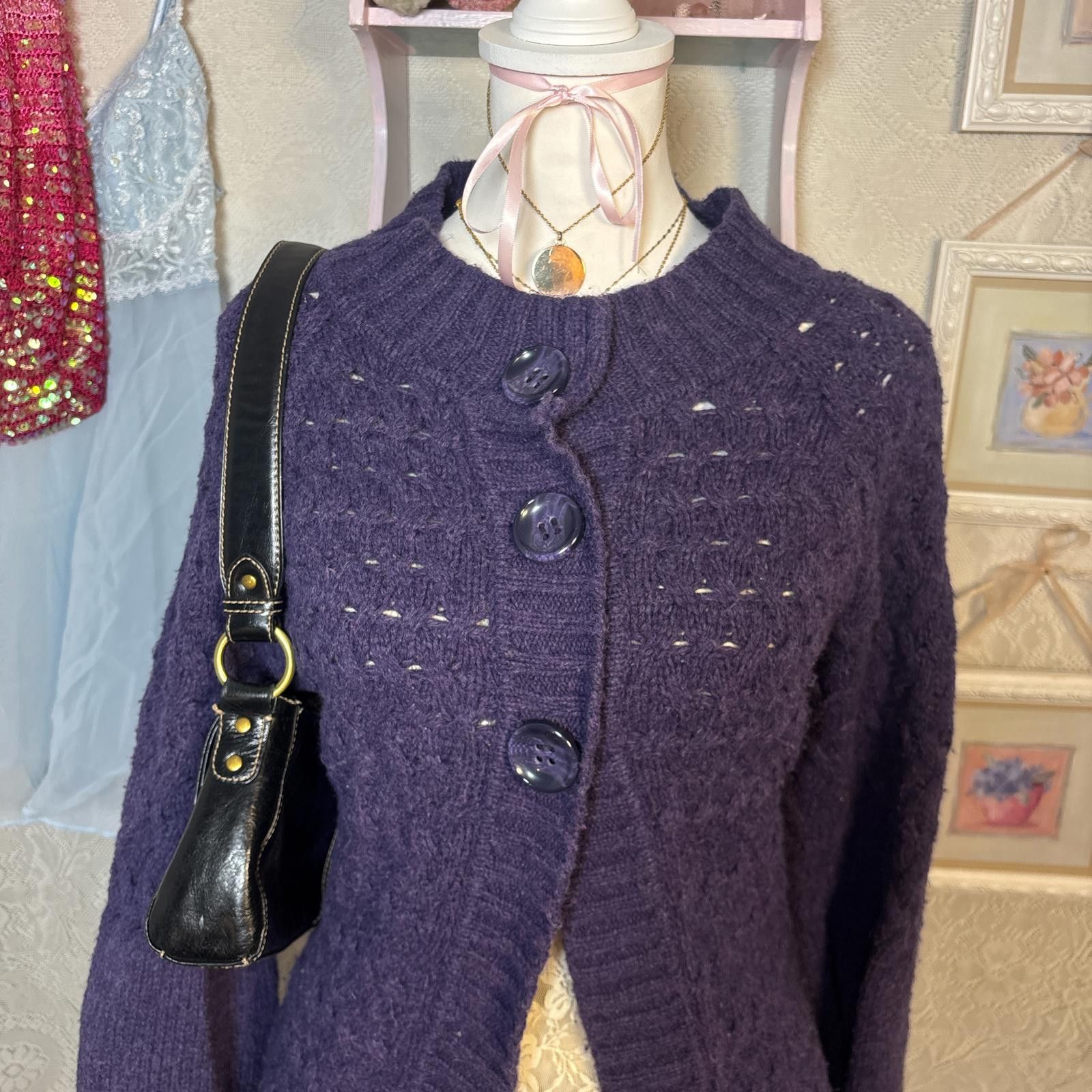 Style & Co vintage purple knit babydoll cardigan sweater Size L / US 10 / IT 46 - 2 Thumbnail