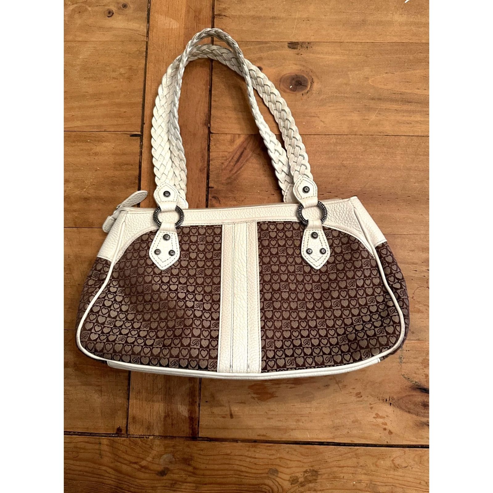 Brighton VINTAGE Brighton Handbag Hearts Leather White Trim Purse Satchel Bag D638910 Size ONE SIZE - 4 Thumbnail