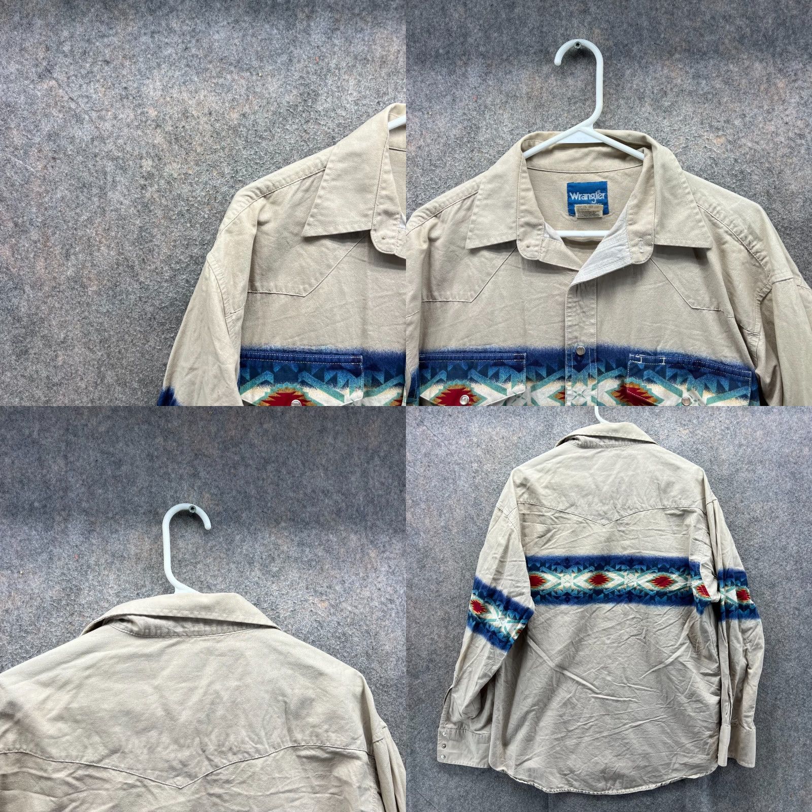Wrangler VINTAGE Wrangler Western Shirt Mens Large Beige Cotton Pearl Snap Brushpopper VTG Size US L / EU 52-54 / 3 - 8 Thumbnail