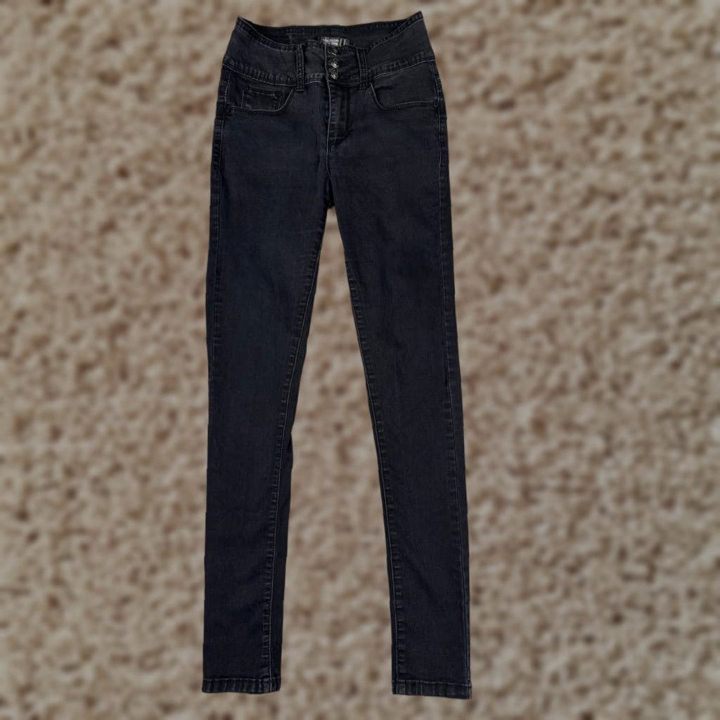 Vintage Monkey Ride Jeans Juniors 1 Black Skinny Denim Regular Rise Mid 24x29 5-Pocket Distressed Stretch Vintage No USA Womens Size 25" / US 0 / IT 36 - 1 Thumbnail