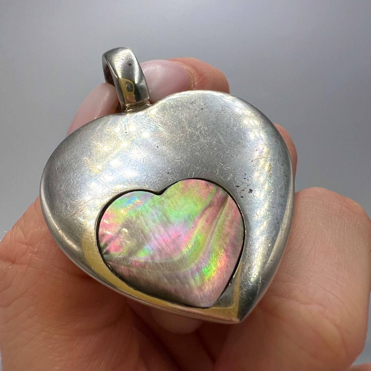 Vintage Sterling Silver 925 Abalone Pendant Heart 22.5g