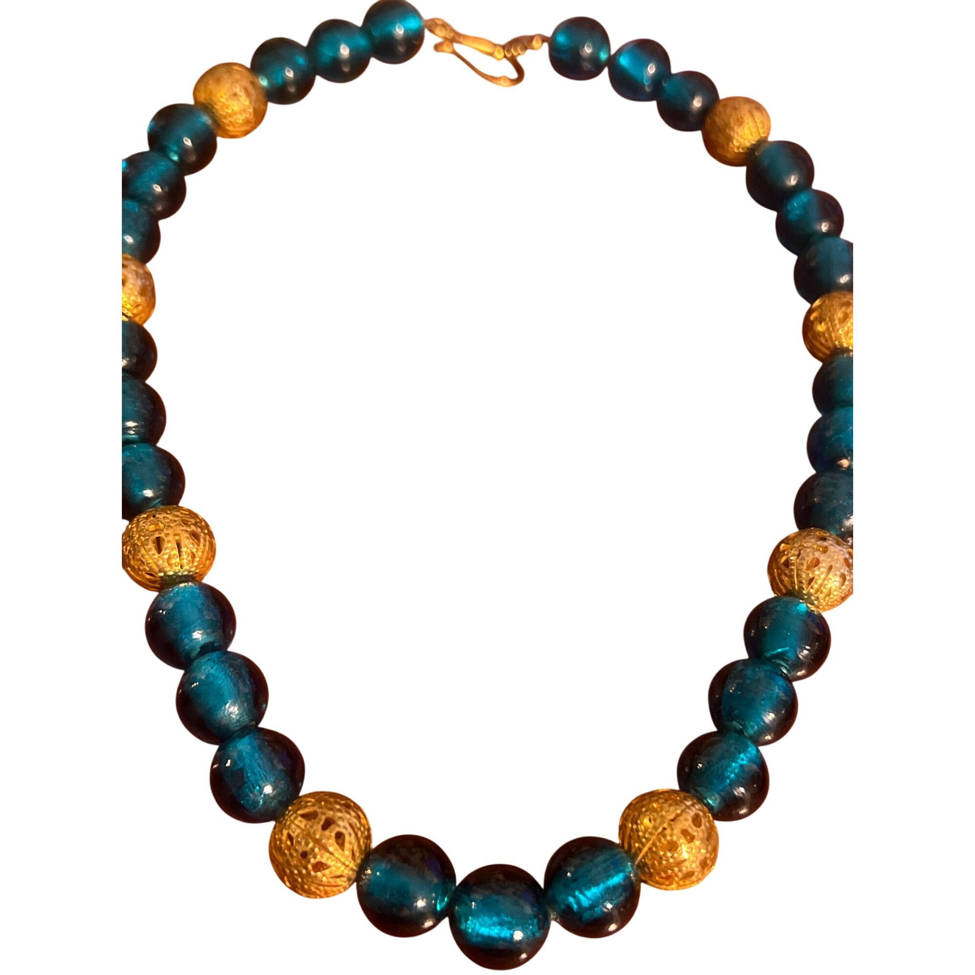 Other Vintage Blue Glass Bead Necklace Gold Tone Cage Beads Hook C Size ONE SIZE - 5 Thumbnail