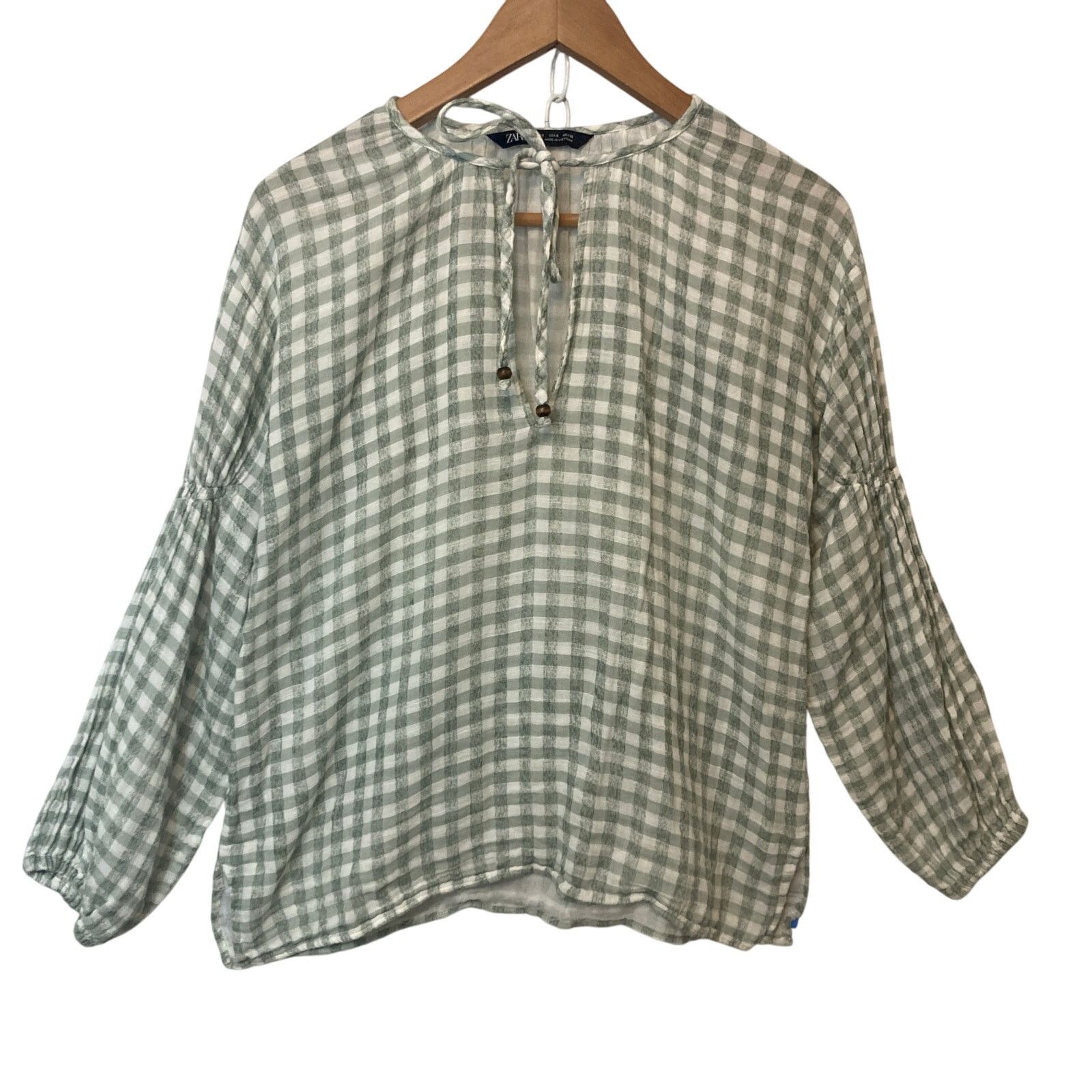Zara Zara Green White Gingham Plaid Front Key Hole Tie Blouse Top Size S / US 4 / IT 40 - 1 Thumbnail