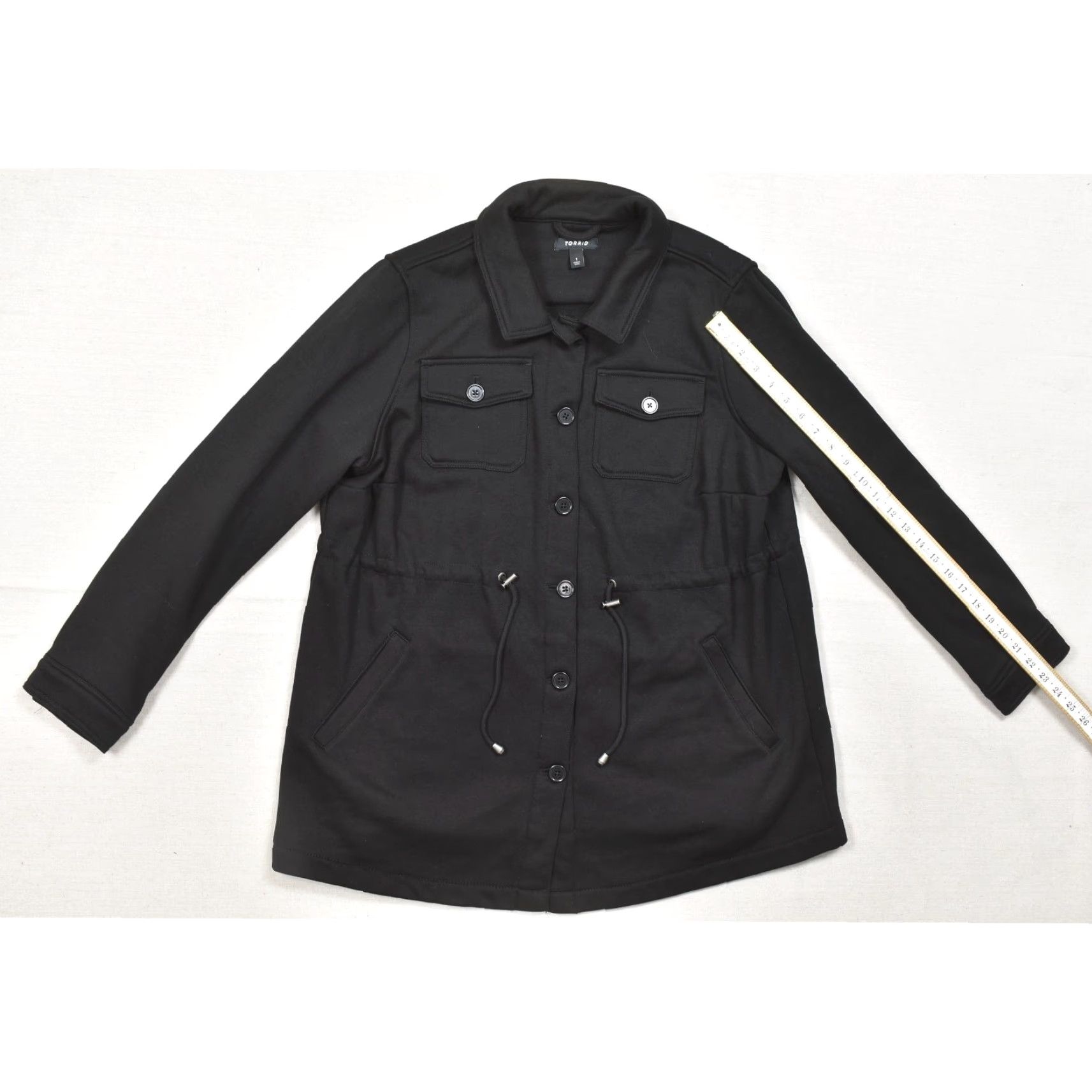 Torrid Torrid Women Jacket Shacket Black Fleece Button Front Drawstring Waist Plus Size 1 Regular Maisnt Size XS / US 0-2 / IT 36-38 - 5 Thumbnail
