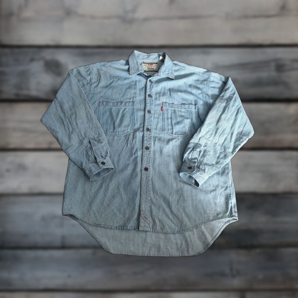 Levi's VINTAGE Levi's Button-Up Shirt Mens L Blue Striped Denim Long Sleeve 90s Outdoor Size US L / EU 52-54 / 3 - 1 Thumbnail