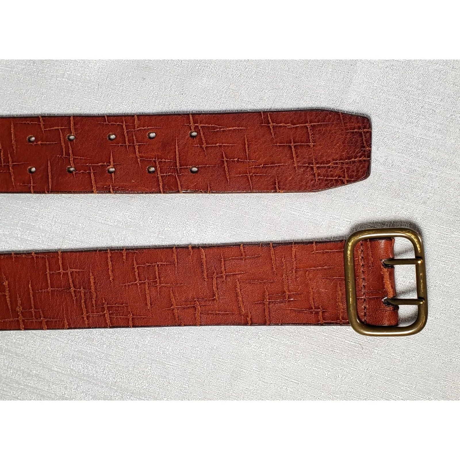 Vintage VINTAGE Distressed Cognac Brown Leather Belt Brass Double Buckle Women's 40.5" x 1.875" EUC Size ONE SIZE - 3 Thumbnail