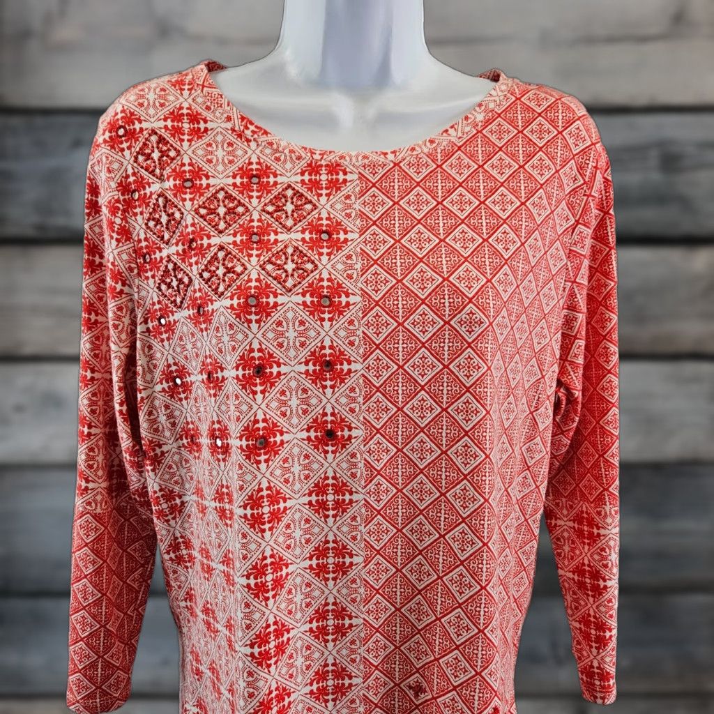 Vintage Chico's Zenergy Women Blouse Top 3/4 Sleeve Red White Embellished Medium Sized Shirt Womens Size M / US 6-8 / IT 42-44 - 1 Thumbnail