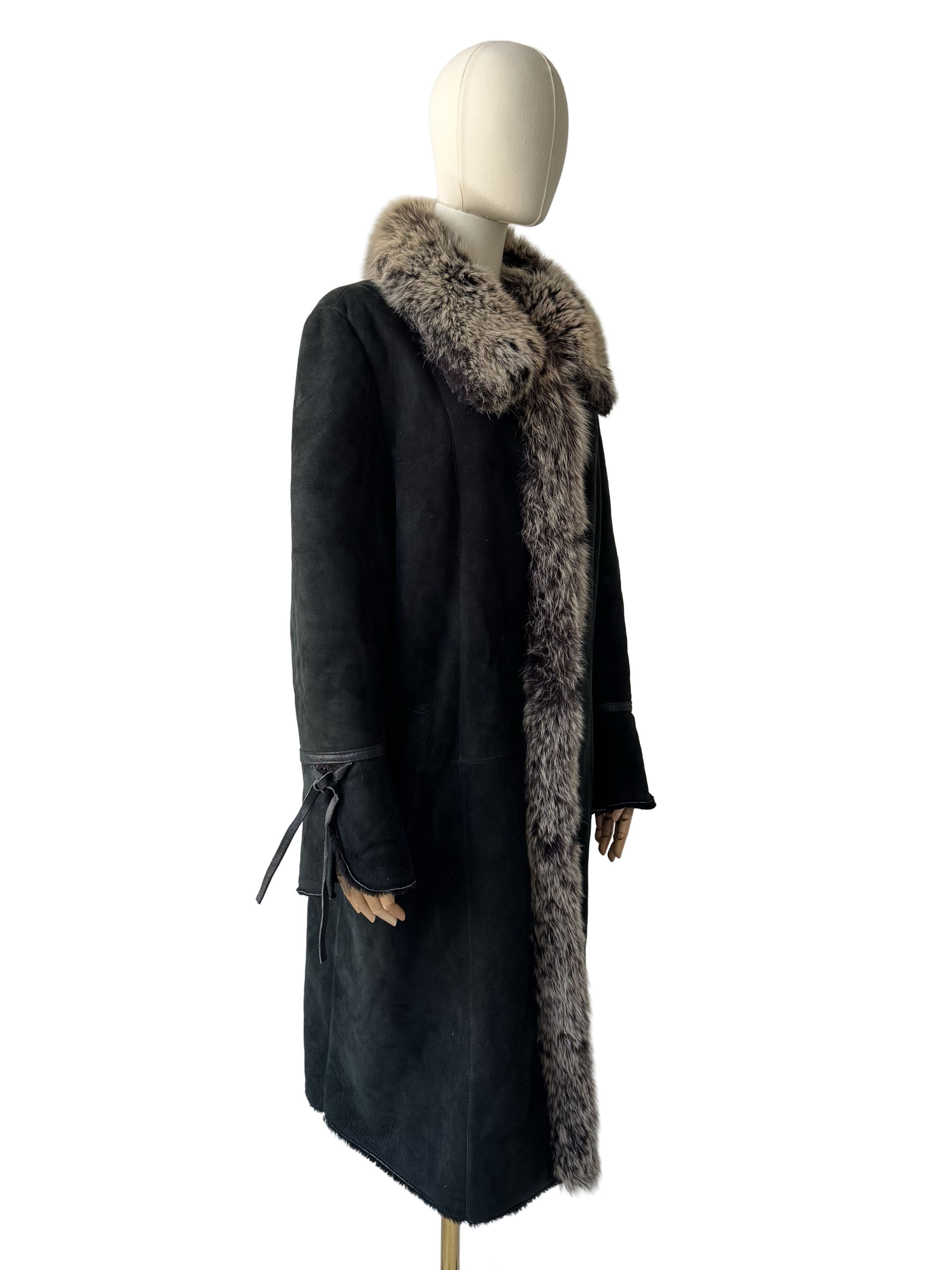 Vintage Vintage Black Leather Coat Real Fur Trim Long Sheepskin Size XL / US 12-14 / IT 48-50 - 1 Thumbnail