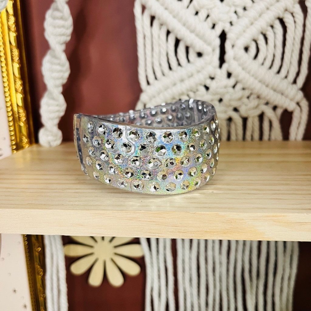 Jewelry Iridescent Acrylic Bangle Bracelet Hinged Design Silver Size ONE SIZE - 6 Thumbnail