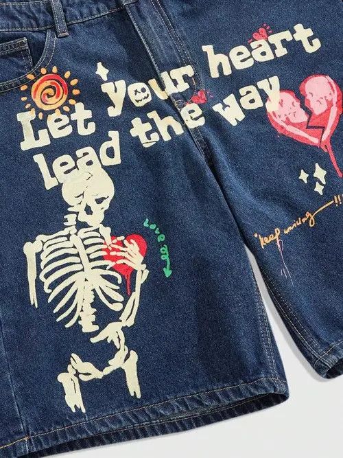 Japanese Brand × Vintage Skull Print Y2k Shorts Jorts Denim Size US 32 / EU 48 - 2 Thumbnail