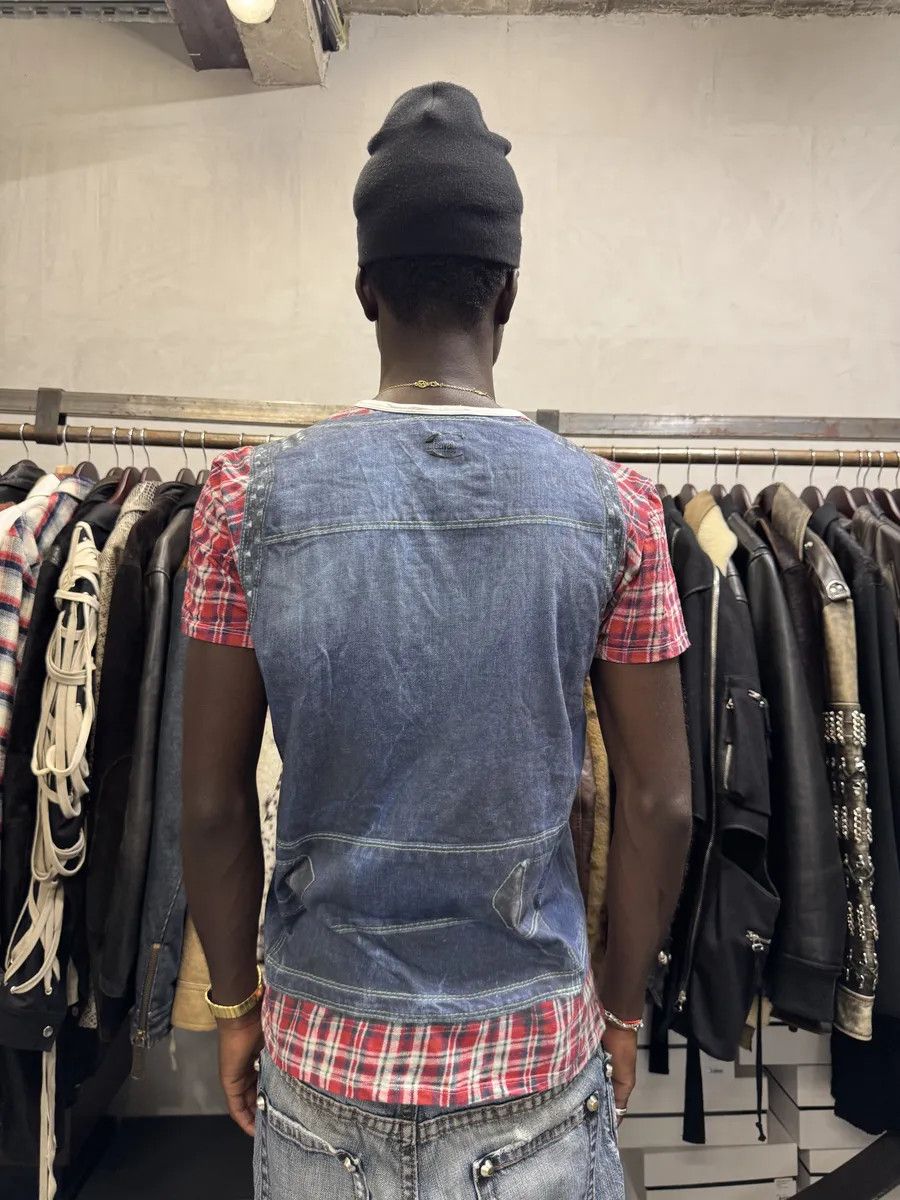 Designer × Just Cavalli × Vintage 2000s Cavalli Trompe L’Oeil Denim Blue & Red Tartan T-Shirt Size US S / EU 44-46 / 1 - 3 Thumbnail