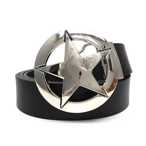 image of Leather x Unbrnd Silver Star Round Metal Belt Buckle in Black, Men's