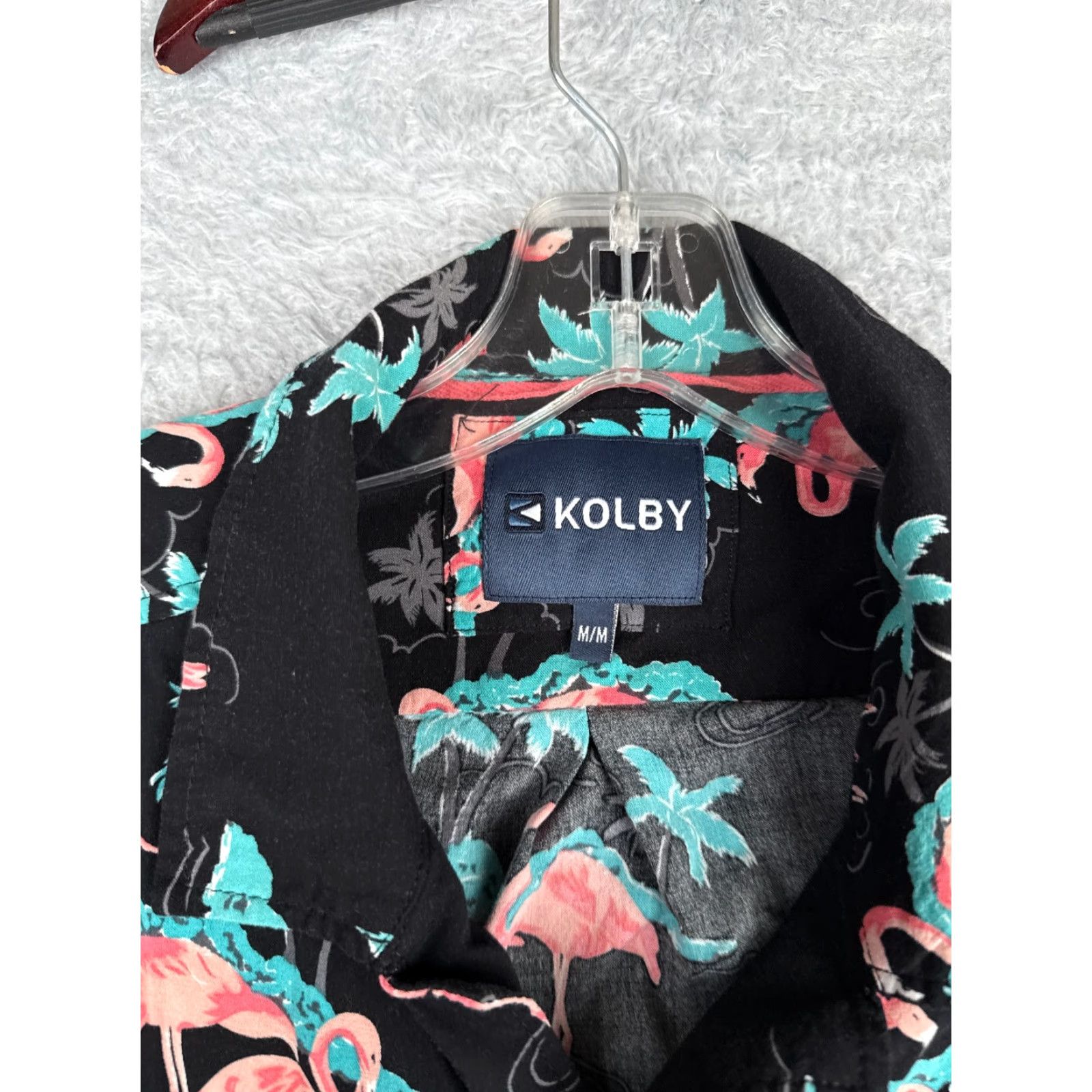 Vintage Kolby Shirt Adult Medium Black Blue Pink Flamingo Palm Tree 100% Rayon Size US M / EU 48-50 / 2 - 6 Thumbnail