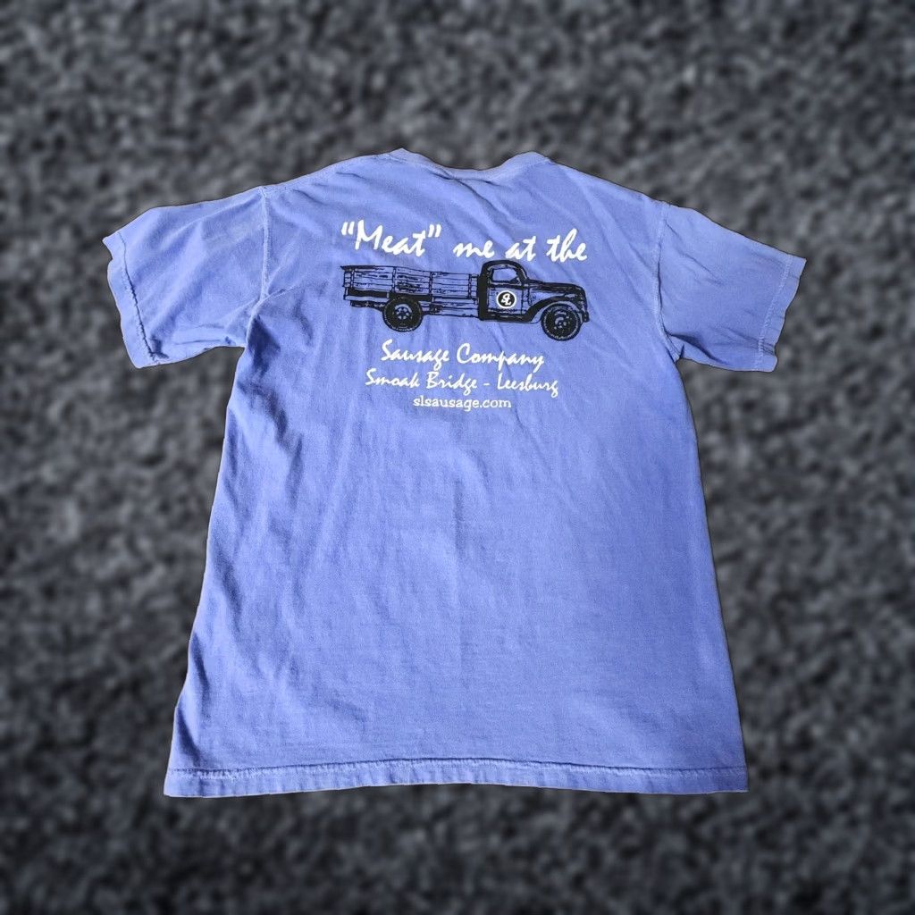 Comfort Colors Mens M Comfort Colors T-Shirt Short Sleeve Crew Neck Blue 2000s Funny Graphic Print Sausage Company Meet Me At Distressed Size US M / EU 48-50 / 2 - 1 Thumbnail