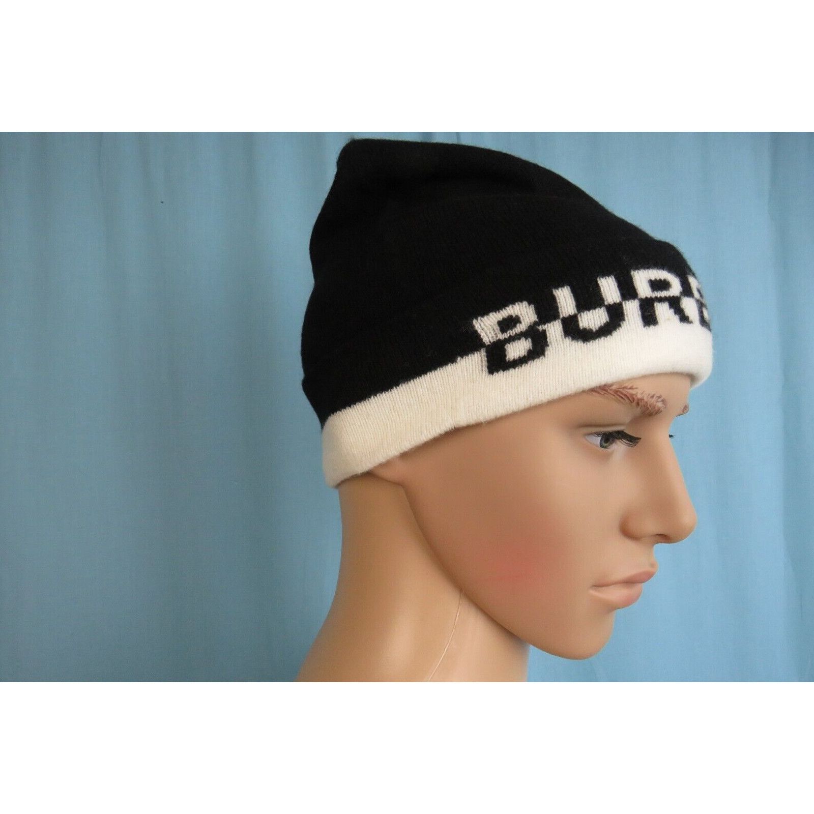 Burberry NEW BURBERRY CORE BLACK WHITE CASHMERE LOGO HAT ONE SIZE Size ONE SIZE - 5 Thumbnail