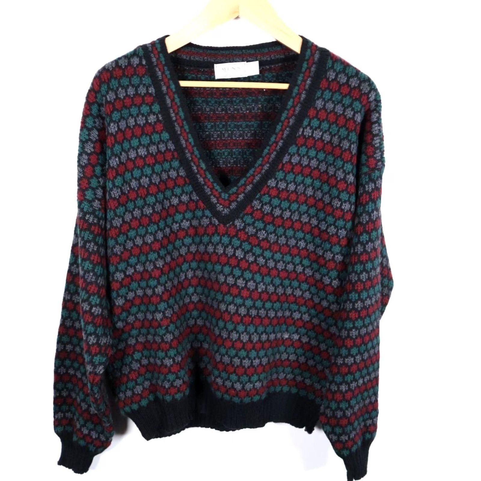 Sears VINTAGE Sears Sweater Mens Large Black Green Geometric Deep V-Neck Chunky Knit VTG Shirt Size US L / EU 52-54 / 3 - 2 Thumbnail