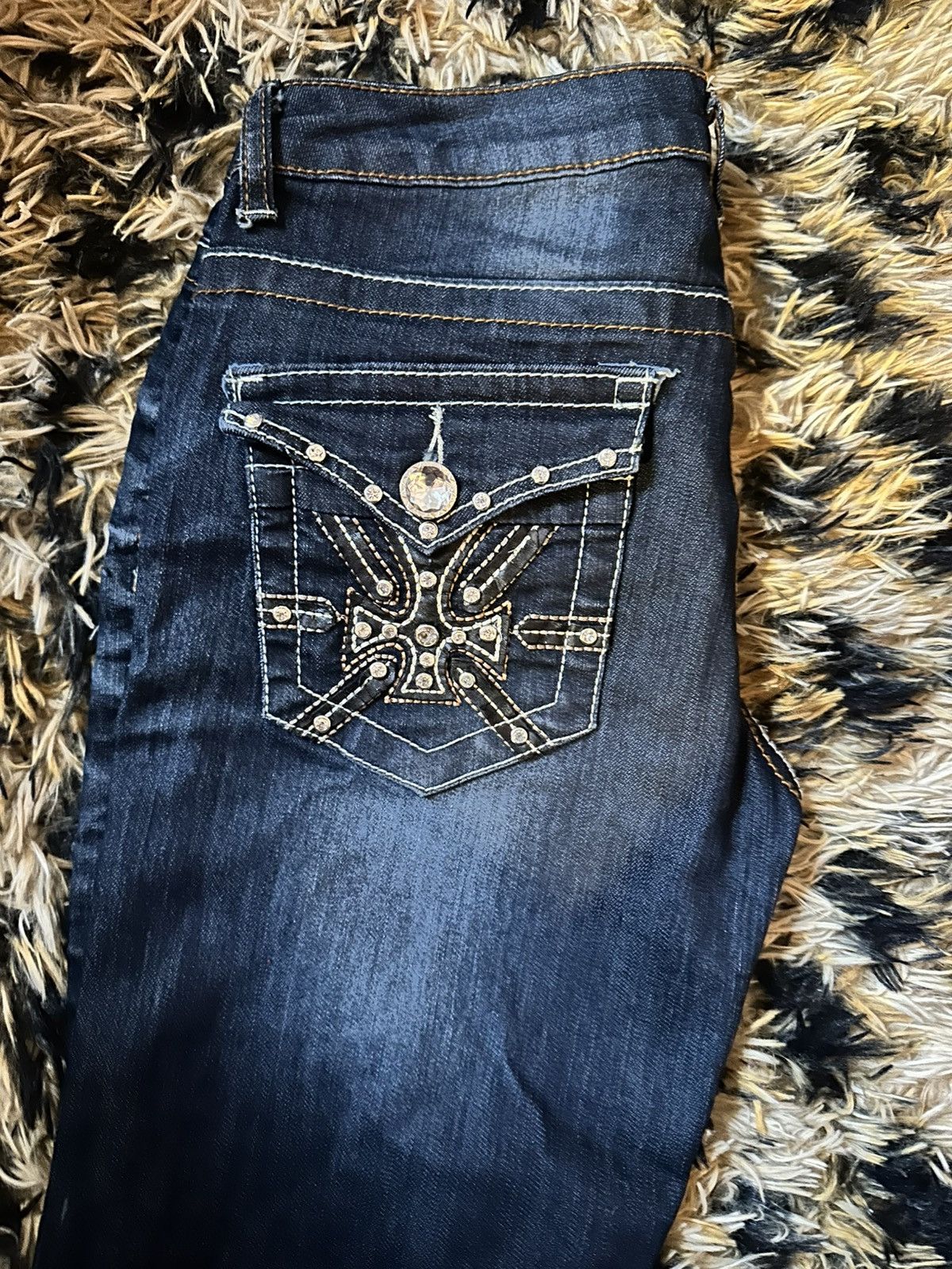 Jean Machine Dark-Blue Dark blue low-rise Machine jeans with rhinestones Size 29" - 5 Thumbnail