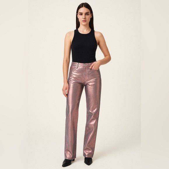 Zara Zara Metallic Pink Coated Straight-Leg Jeans – Size 6 Size 28" / US 6 / IT 42 - 1 Thumbnail
