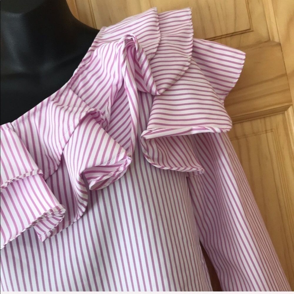 The Unbranded Brand Double Ruffle pink white Striped One Shoulder Blouse large Size L / US 10 / IT 46 - 6 Thumbnail