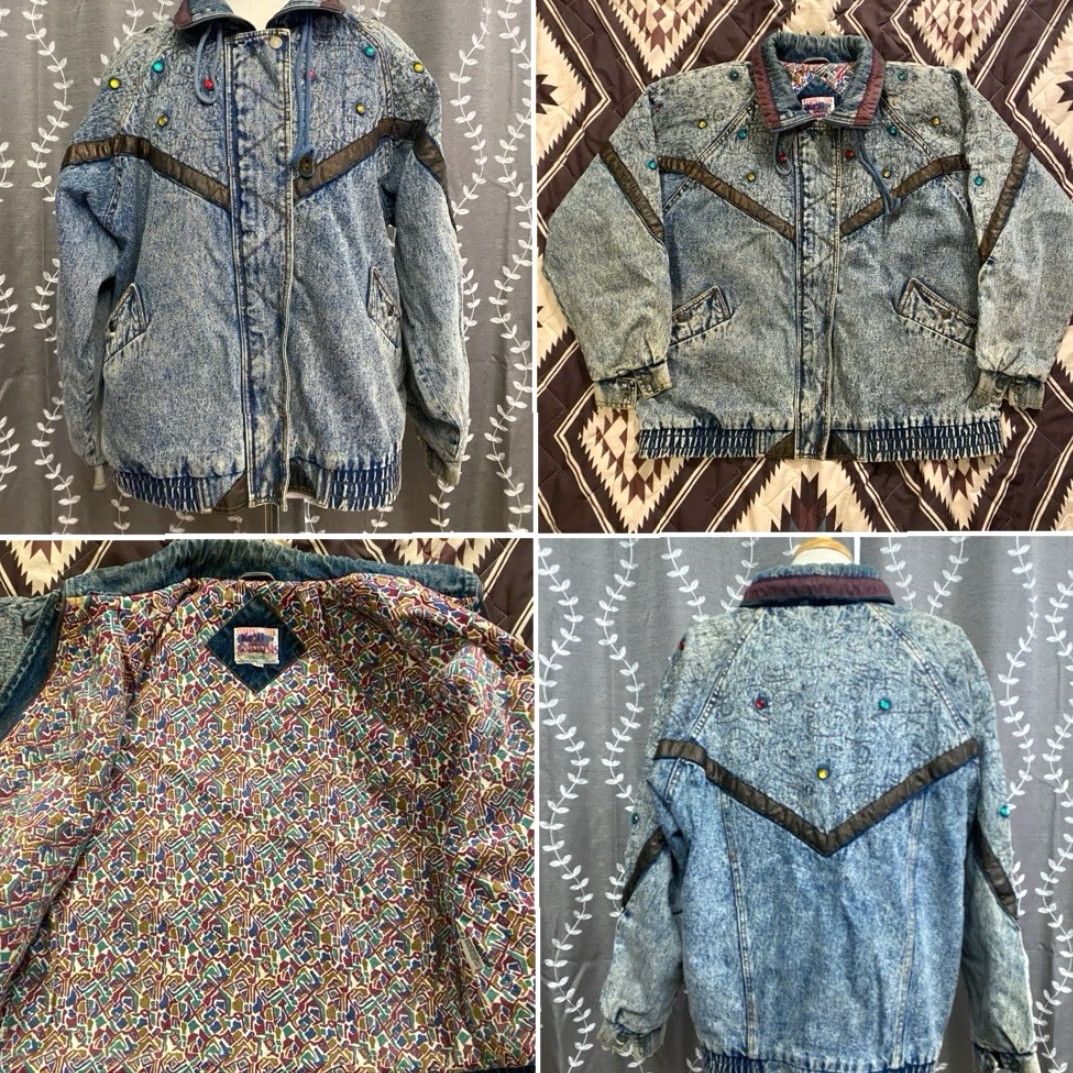 Vintage VINTAGE Current Seen Denim Jacket Bomber L, Women, Blue, Mid-Length, Lined, Embroidered, Button Zip Snap, 80s Retro, Casual Womens Jacket Size L / US 10 / IT 46 - 2 Thumbnail