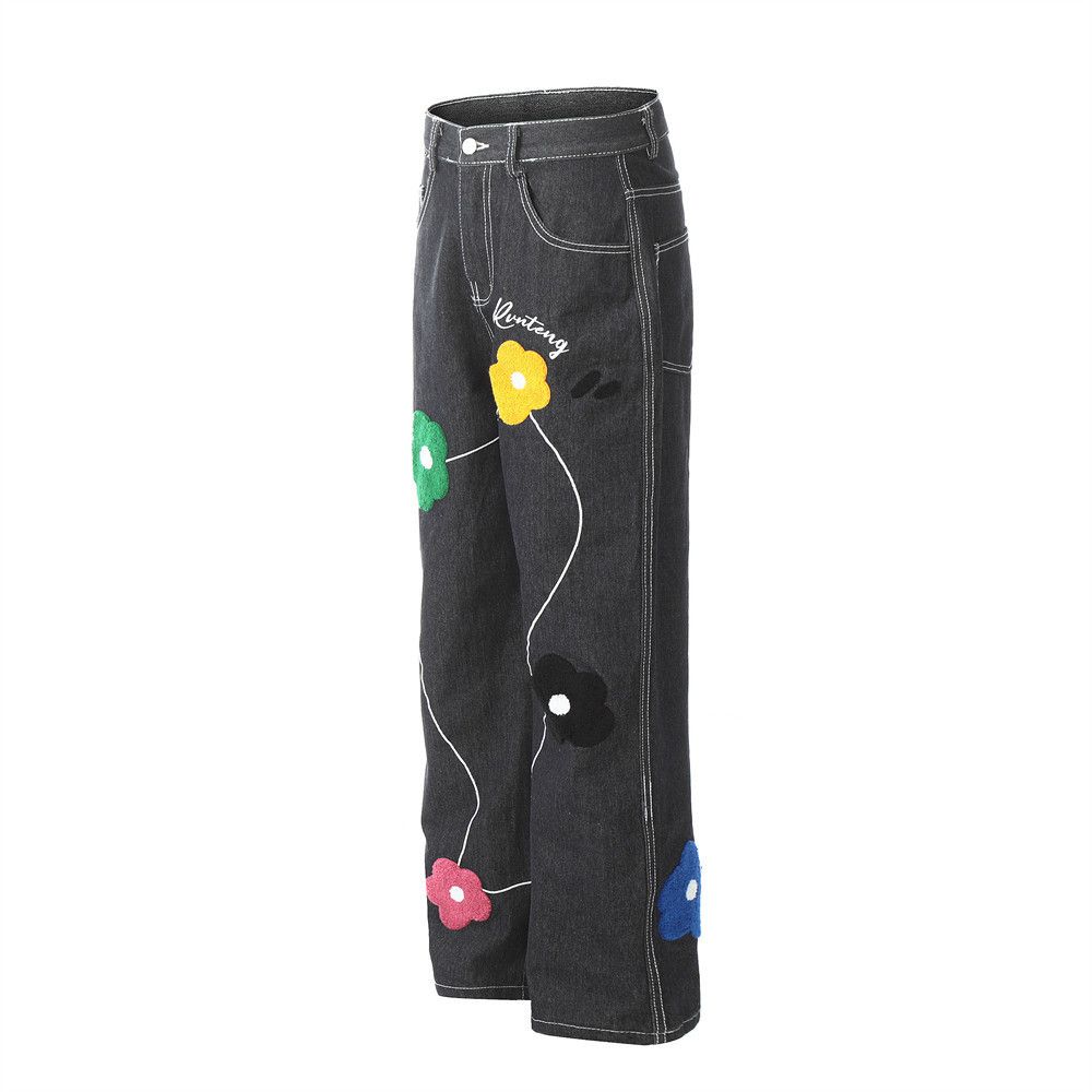 Japanese Brand × Jean Men's loose American straight jeans with floral embroidery Size US 32 / EU 48 - 2 Thumbnail