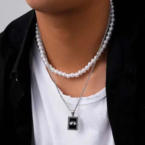 Other Pearl Choker Chain & Square Eye Titanium Necklace Size ONE SIZE - 2 Thumbnail