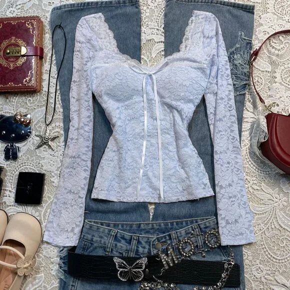 Other Vintage Blue Lace Long Sleeve Top Size M / US 6-8 / IT 42-44 - 1 Thumbnail