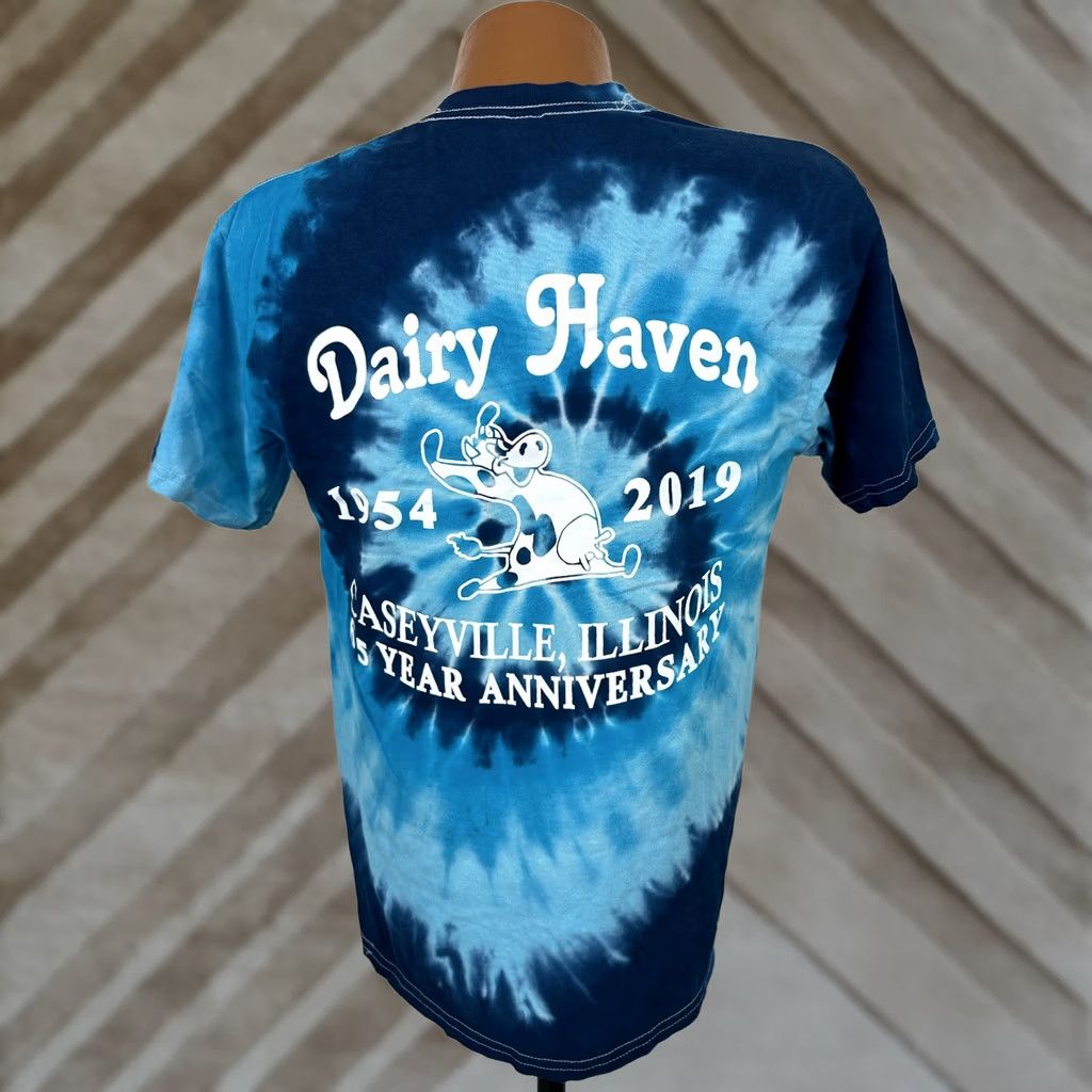 Gildan Cow Shirt Adult Medium Dairy Haven Milk Farm Caseyville Tie-Dye Psychedelic Blue Size US M / EU 48-50 / 2 - 1 Thumbnail
