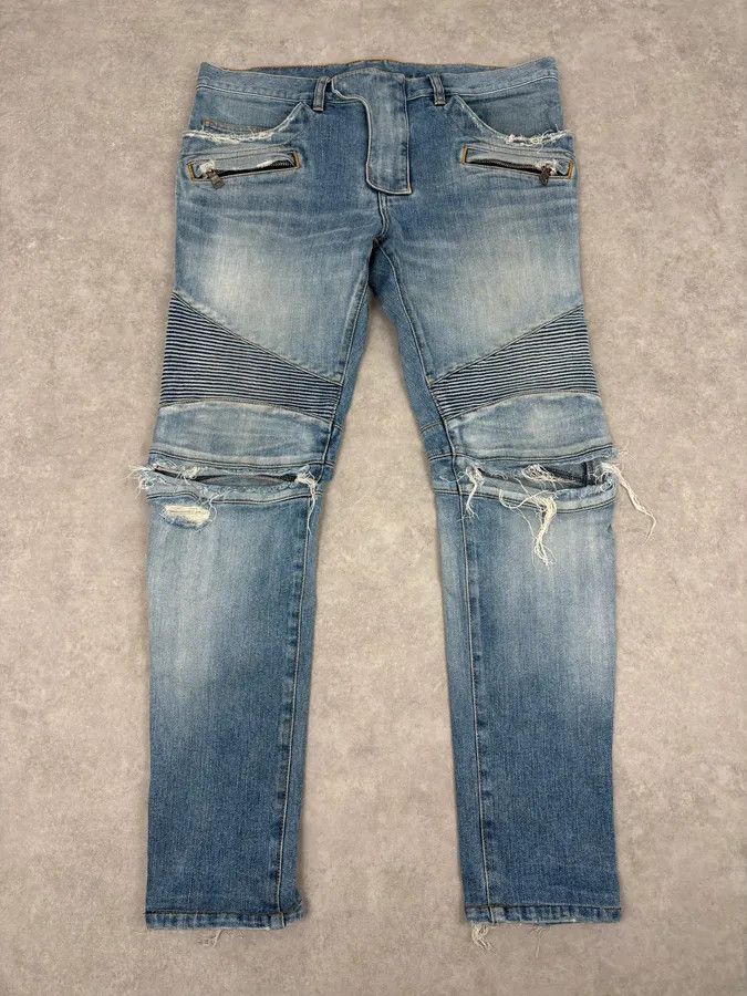 Balmain 2010s Balmain Light Blue Denim Distressed Jeans Size US 33 - 1 Thumbnail