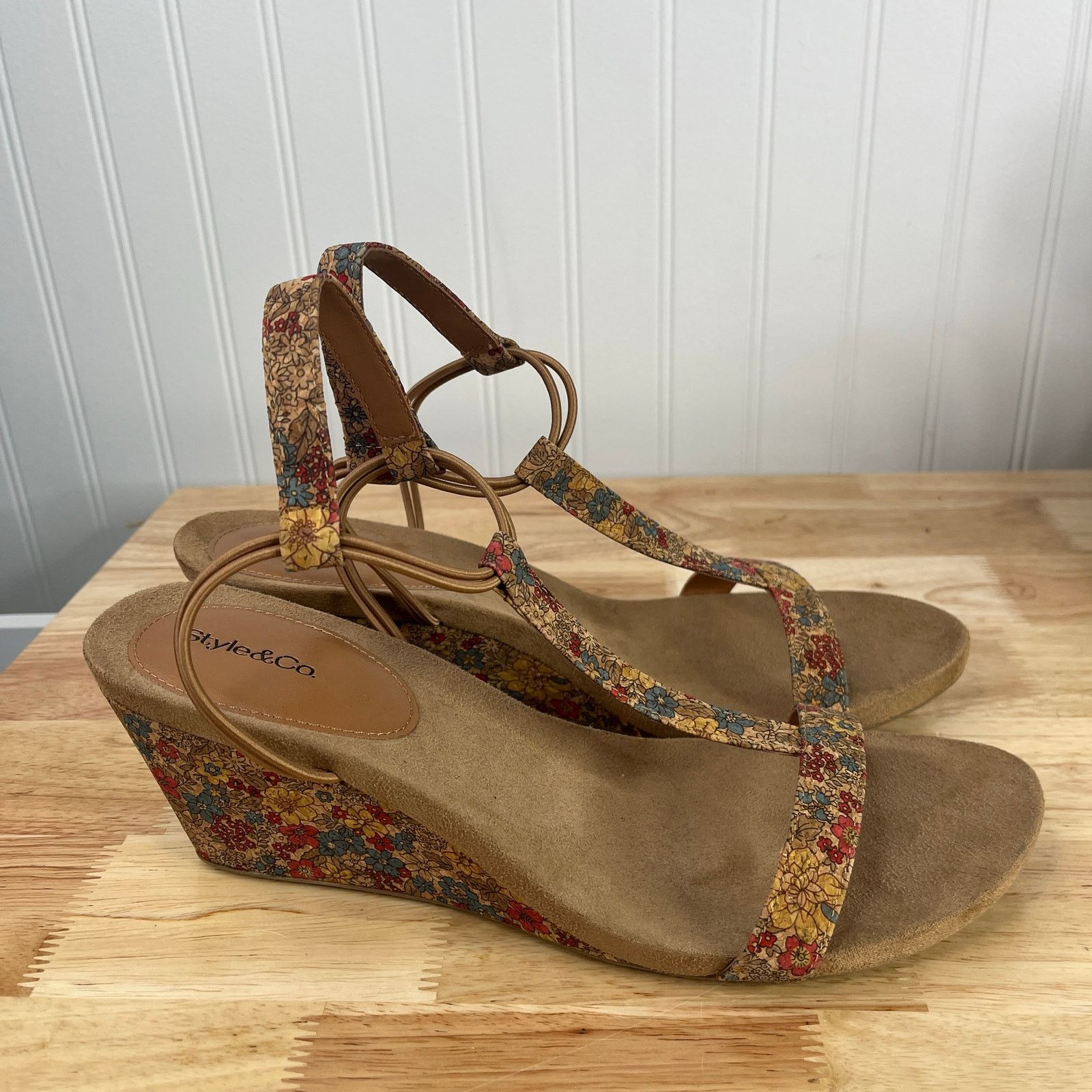 Other Style & Company Beige Floral T-Strap Wedge Slip On Slingback Size US 11 / IT 41 - 5 Thumbnail