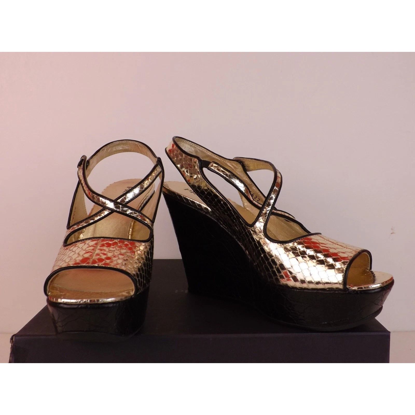 Prada PRADA 1K73 LITE GOLD SNAKE PRINT LEATHER PLATFORM SANDALS 40 Size US 10 / IT 40 - 7 Thumbnail