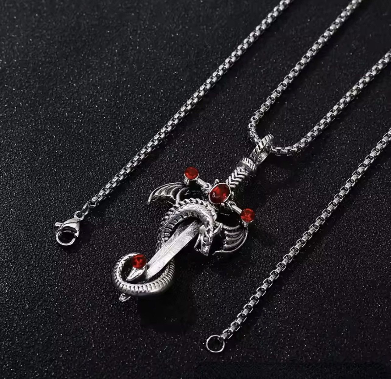 Jewelry Demon Dragon Necklace Sword Dagger Red Stone Chain Anime Art in Silver, Women's