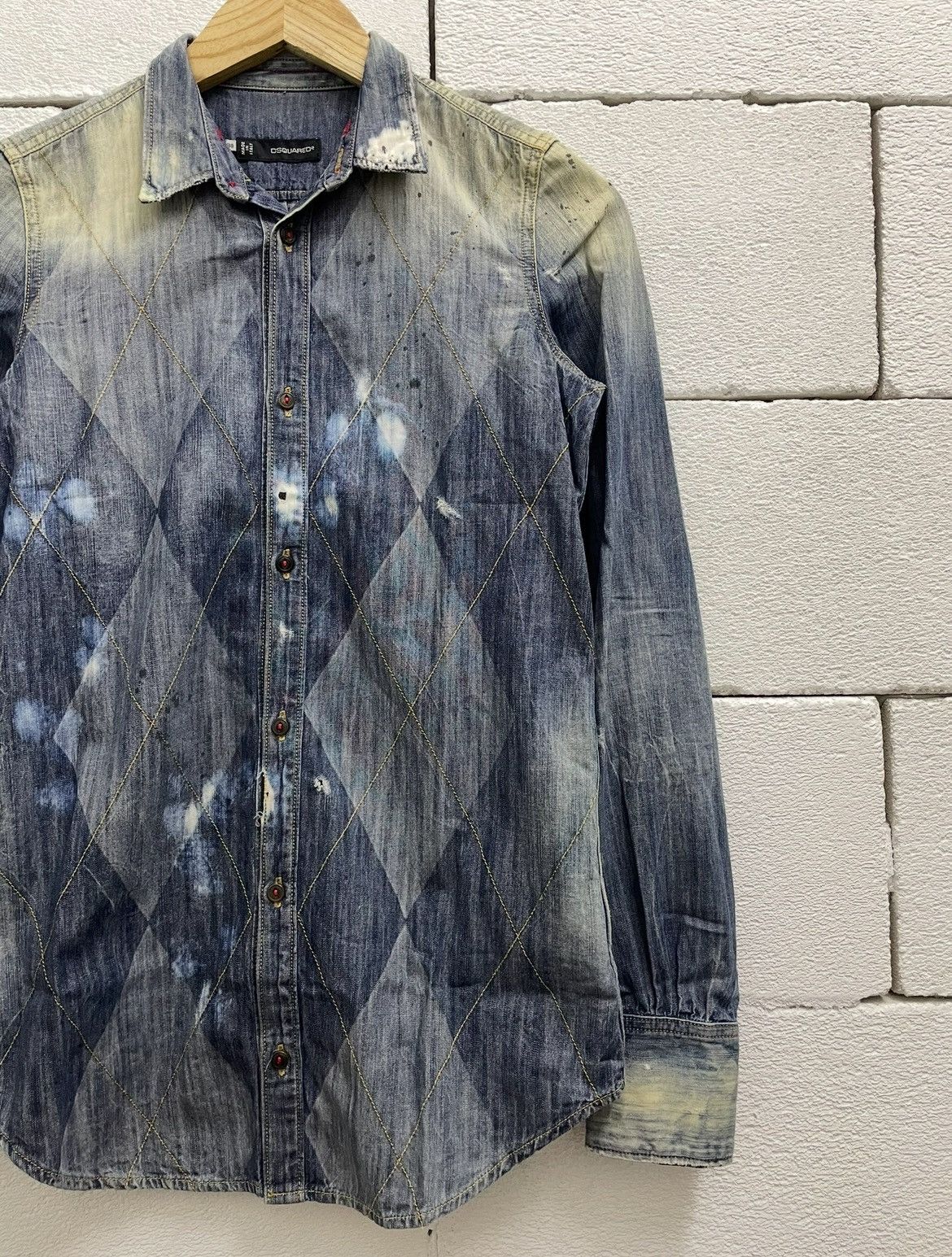 Dsquared2 Rare DSQUARED Denim Shirt Distressed Bleached Argyle Pattern Size M / US 6-8 / IT 42-44 - 3 Thumbnail