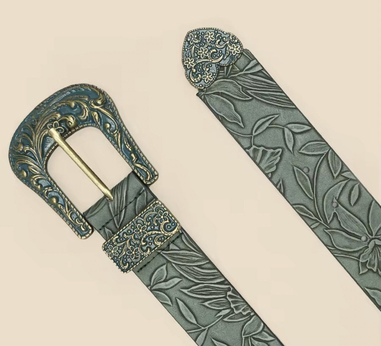 Japanese Brand Carved Leaf Pu Leather Belt 110 cm Size ONE SIZE - 6 Thumbnail