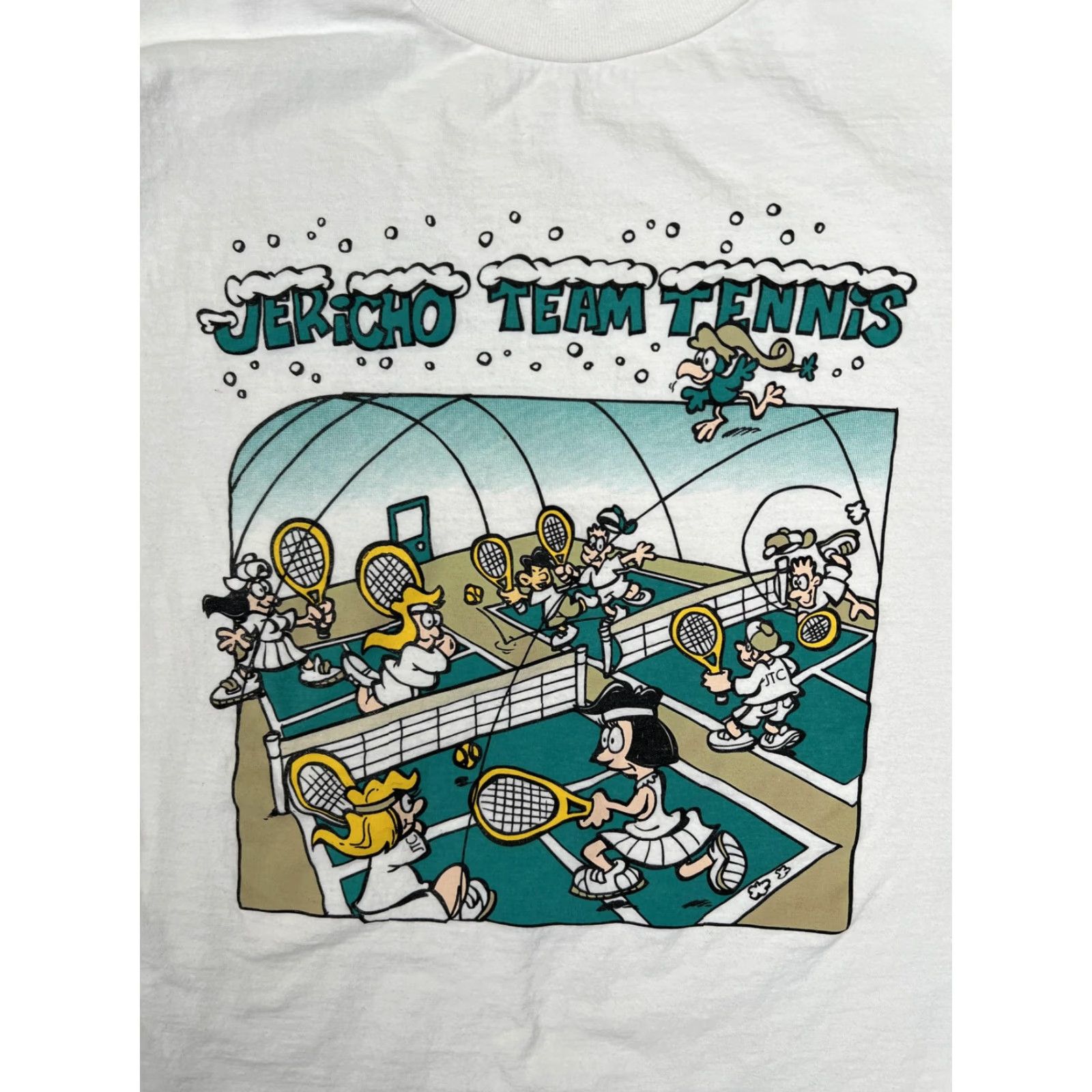 Vintage VINTAGE Jericho Team Tennis T-Shirt Mens XL Humeur Design White Short Sleeve Graphic Print Crew Neck Logo Patch Retro Sports Cartoon Men Size US XL / EU 56 / 4 - 2 Thumbnail