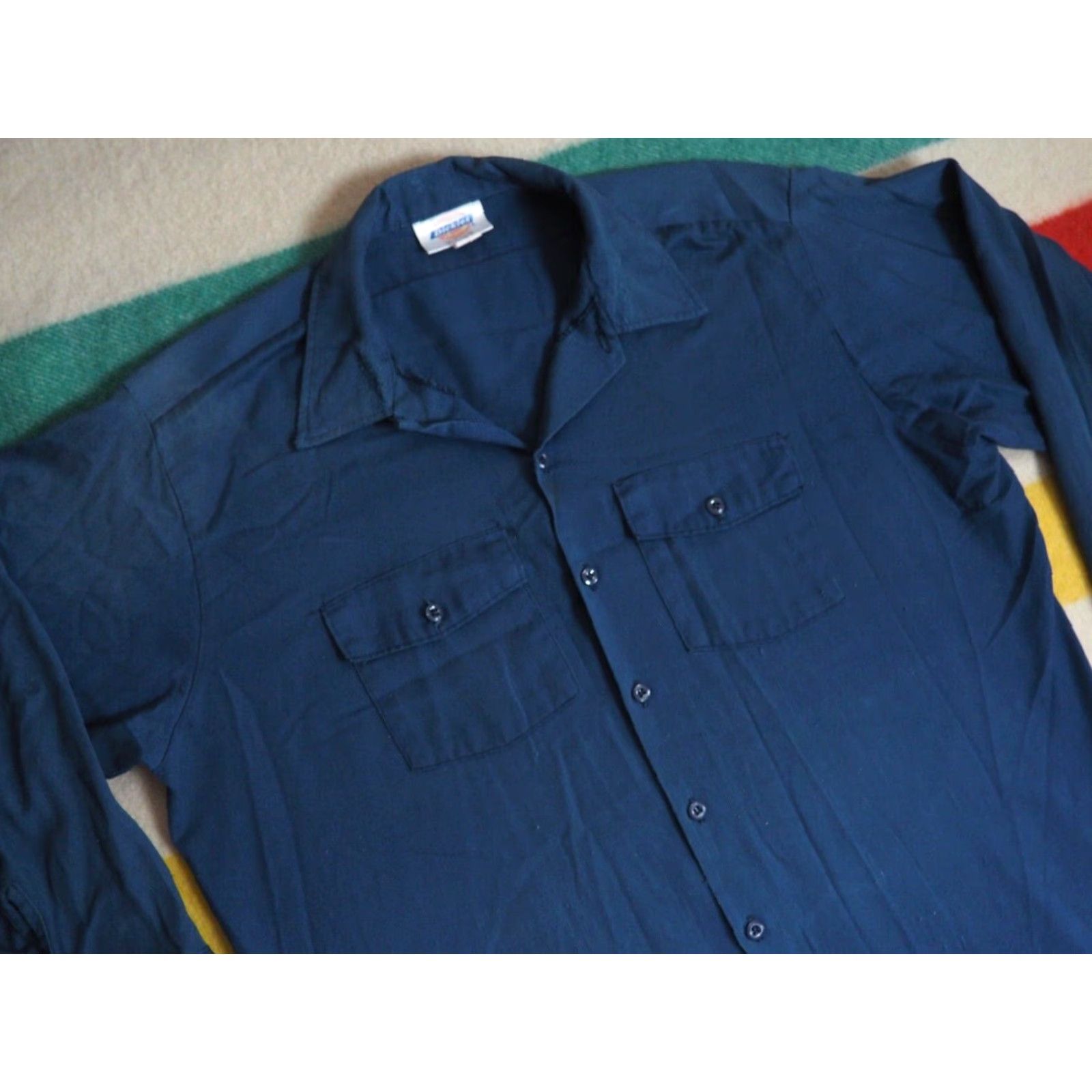 Dickies VINTAGE Dickies Dark Blue Distress Grunge L/S Pocket Shirt XL 1980s USA Button-Front Mens/Unisex Shirt Size US XL / EU 56 / 4 - 3 Thumbnail