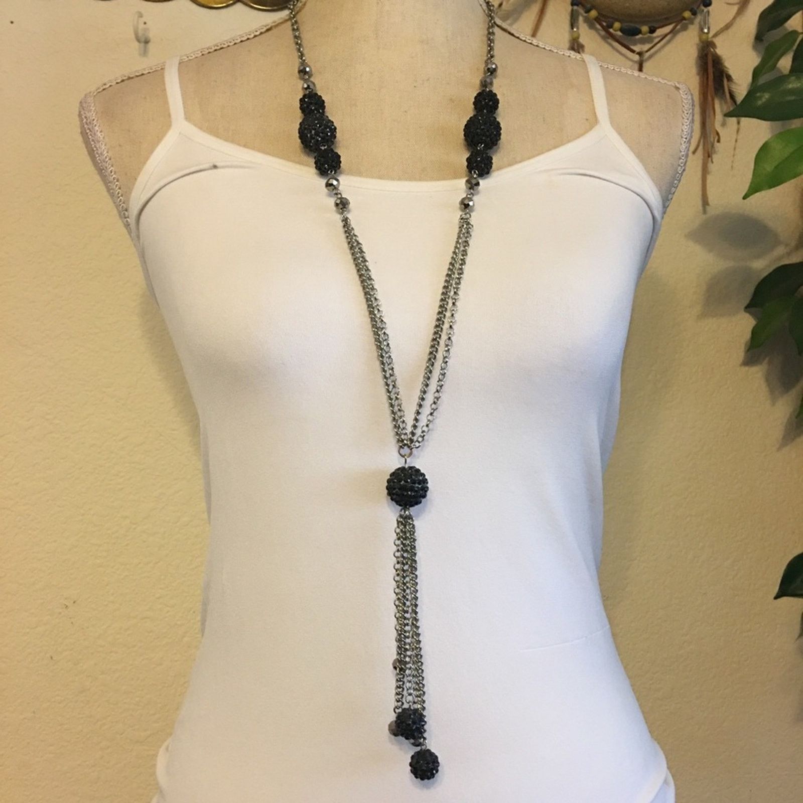 Jewelry Black disco ball bead accented fringe necklace Size ONE SIZE - 1 Thumbnail