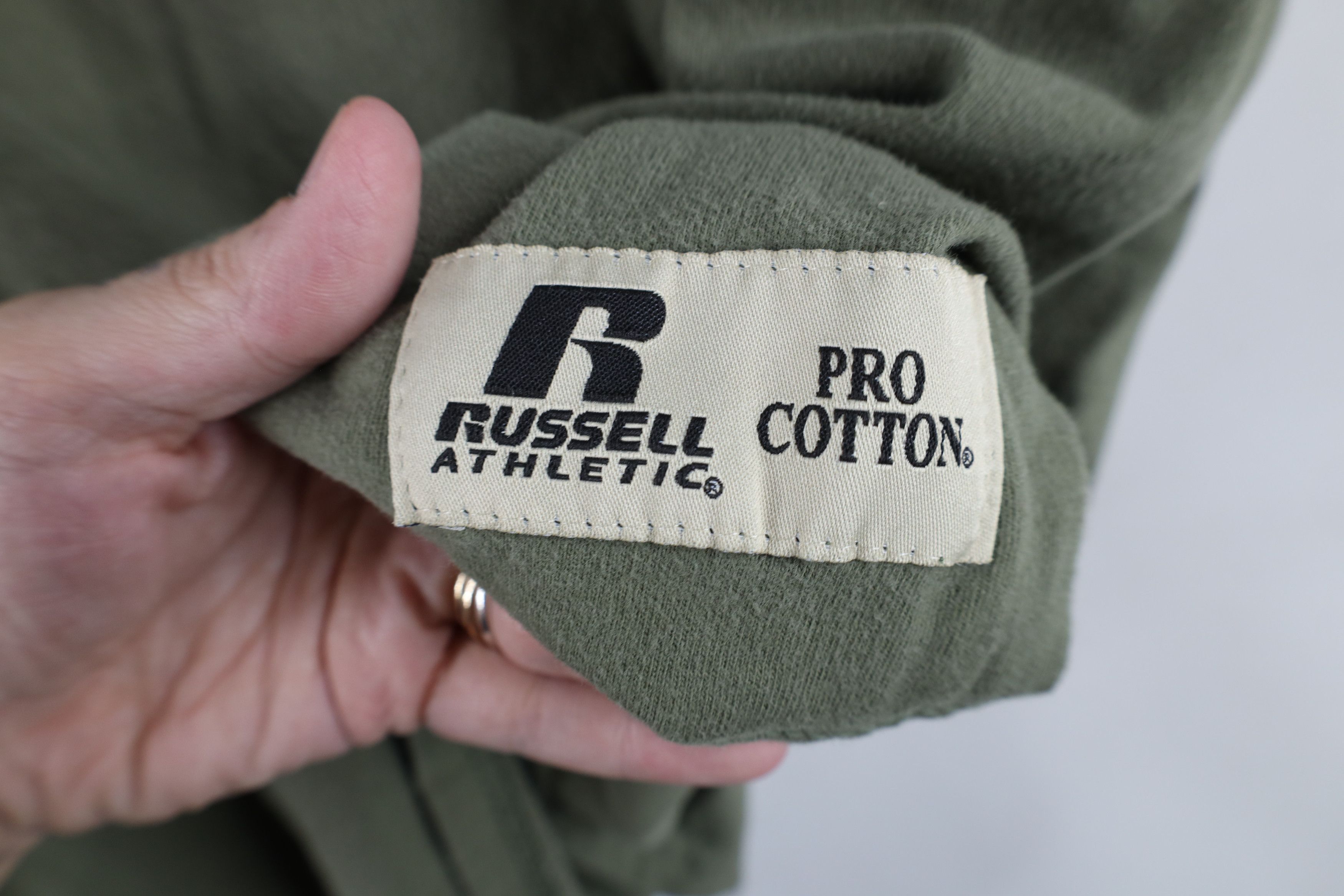Russell Athletic Vintage 90s Russell Athletic Cotton T-Shirt Olive Green Size US L / EU 52-54 / 3 - 4 Thumbnail