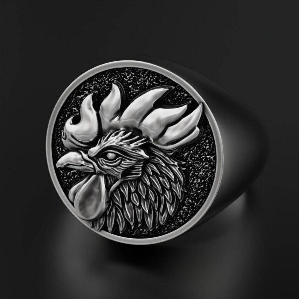 Designer Men's 3D Engraved Rooster Domineering Silver Signet Ring Size ONE SIZE - 3 Thumbnail