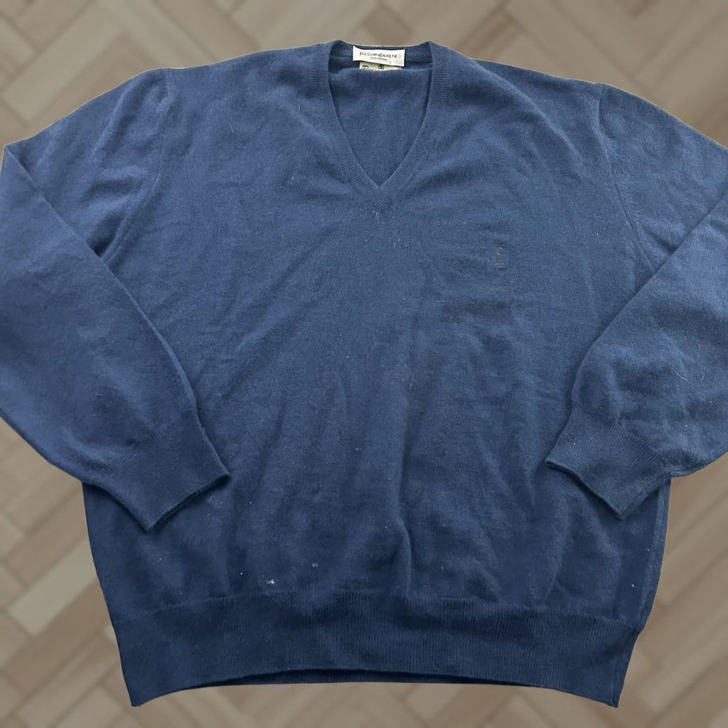 Yves Saint Laurent VINTAGE Yves Saint Laurent V Neck Wool & Rabbit Hair Sweater Men XL Blue Pullover Knit Wool Mens XL Blue Saint Laurent V-Neck Sweater Size US XL / EU 56 / 4 - 1 Thumbnail