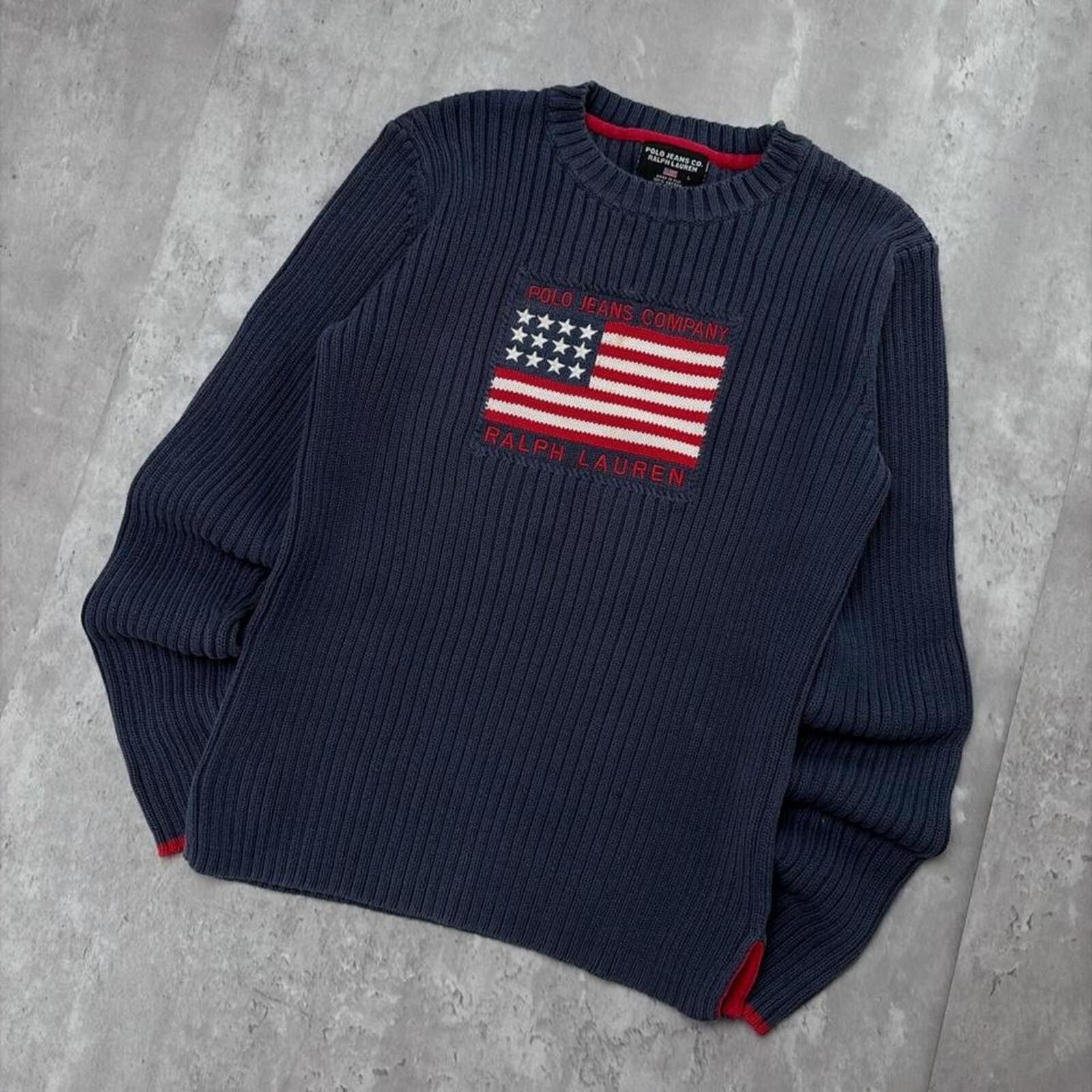 Polo Ralph Lauren Vintage Polo Jeans Comoany USA Flag Quilted Knit Sweater Size L / US 10 / IT 46 - 2 Thumbnail